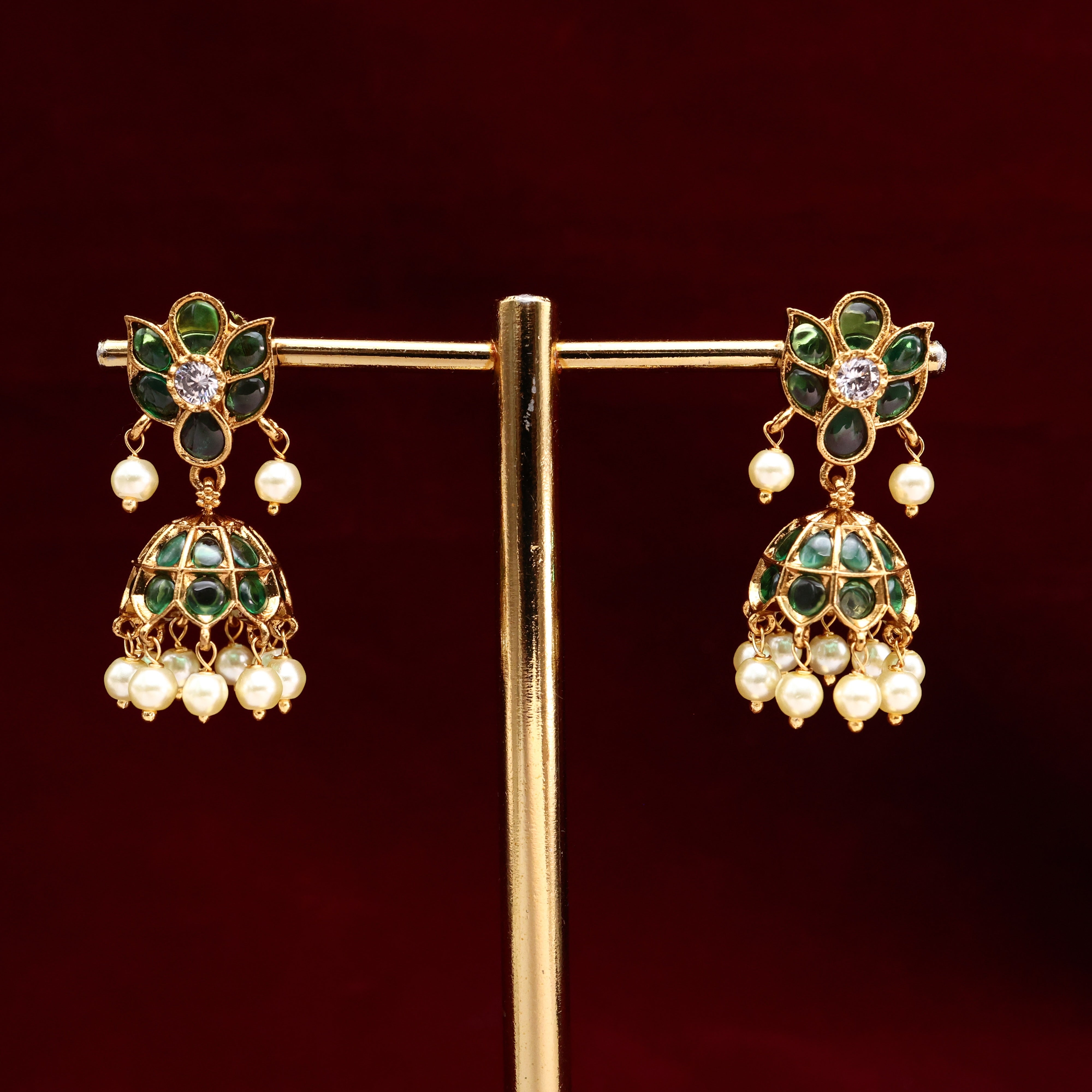 Cute Small AD Kemp Flower Jhumkas - Green