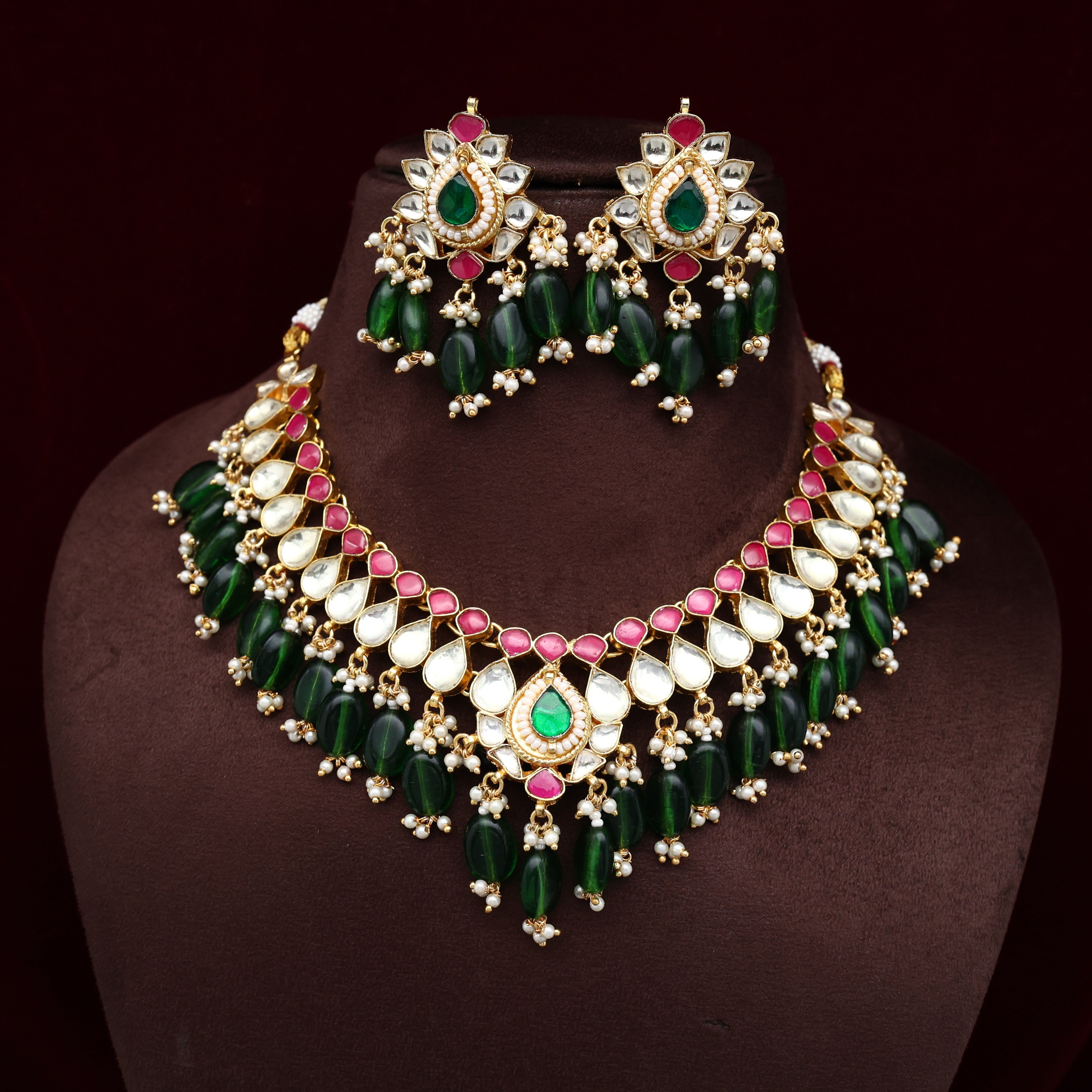Premium Pachi Kundan Tilak Drops Green Beads Bridal Necklace Set