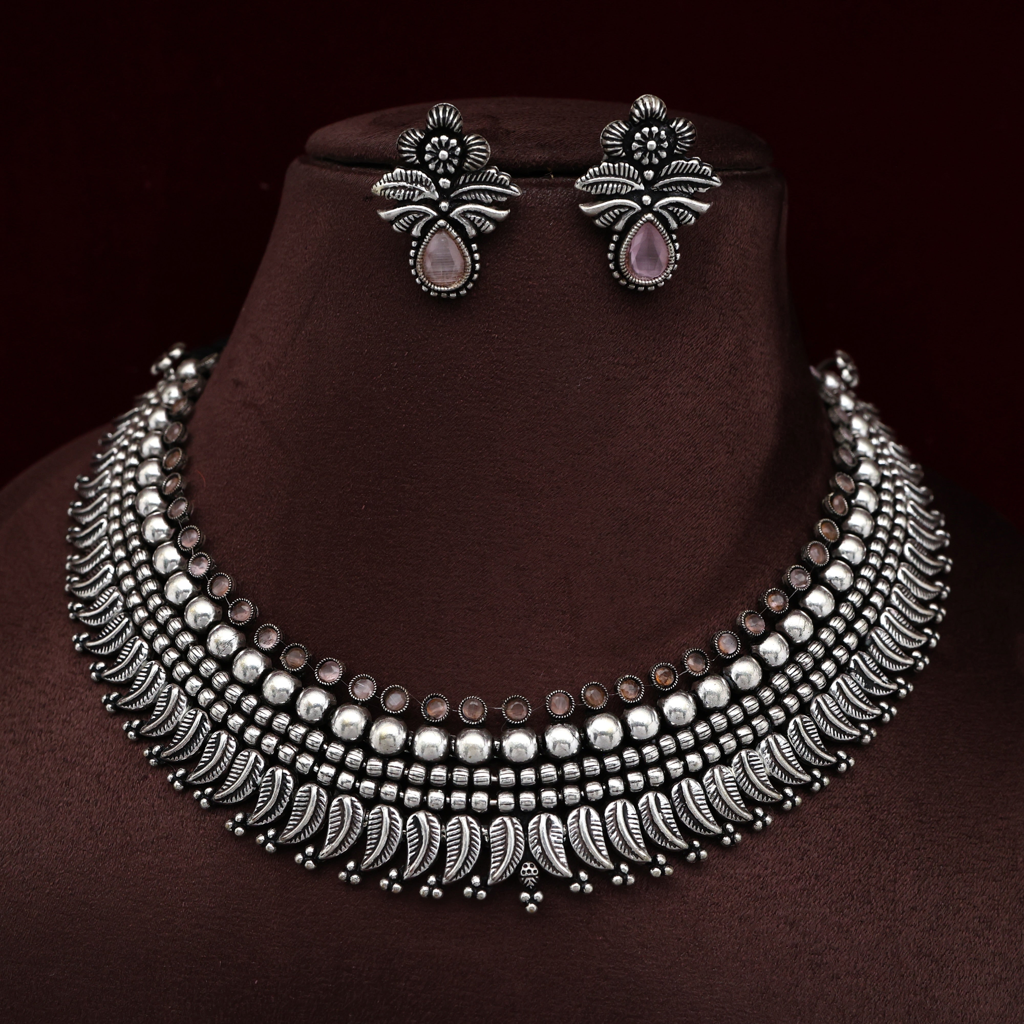 Antique Silver Look Thick Mango Bridal Necklace Set