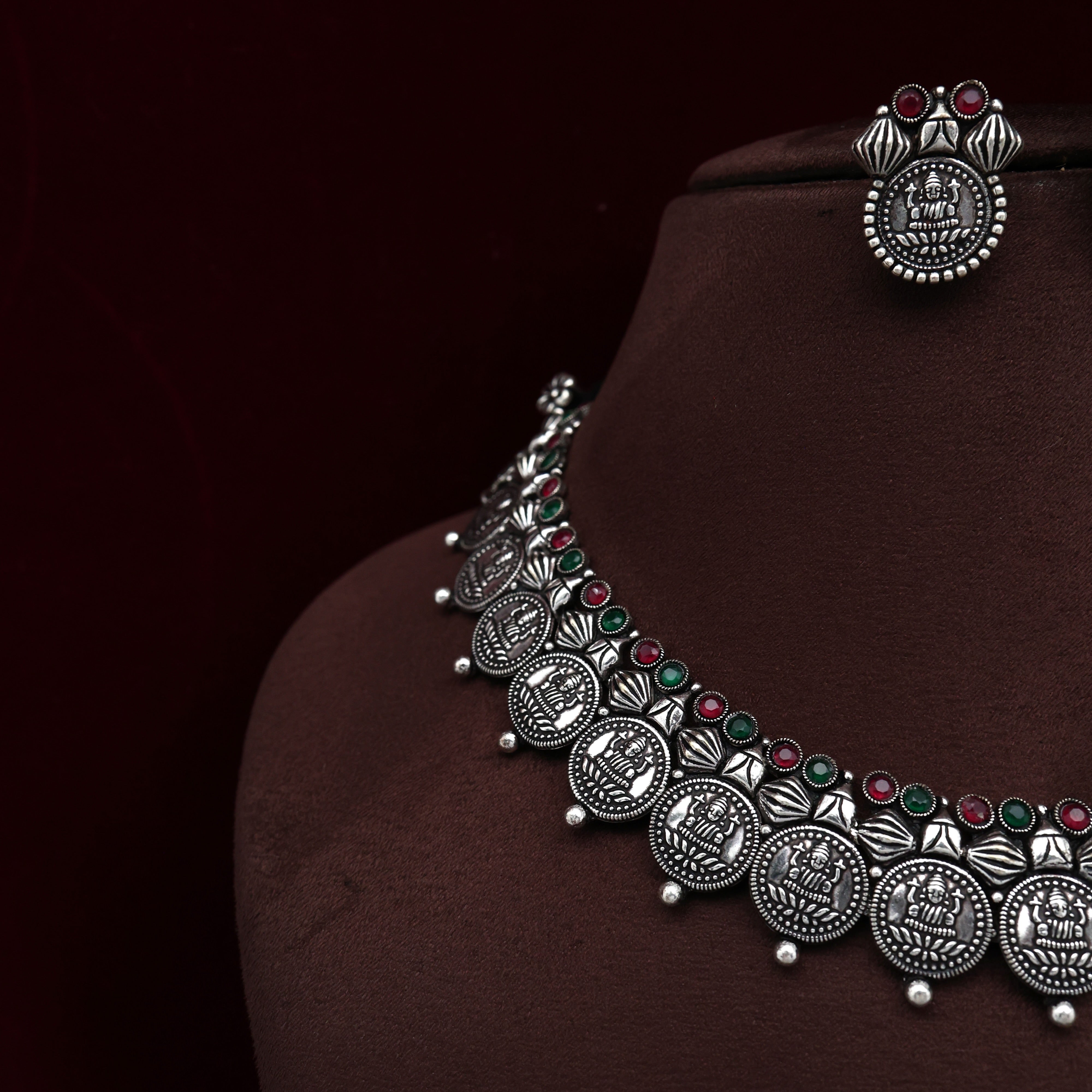 Antique Silver Look Kolhapuri Lakshmi Devi Coin Bridal Necklace Set