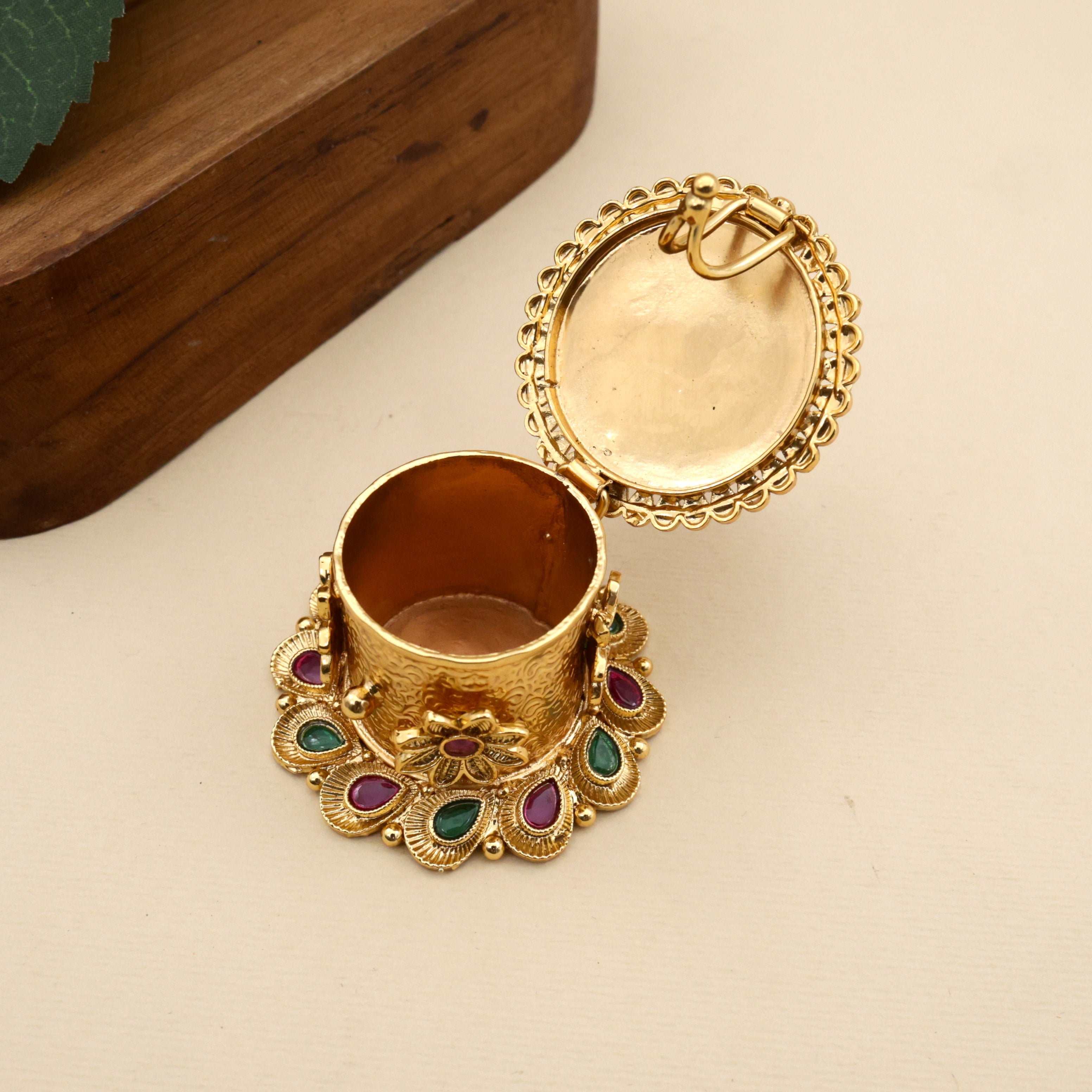 Antique Gold Dancing Ganesha Haldi/Kumkum Box - Sindoor Dabbi