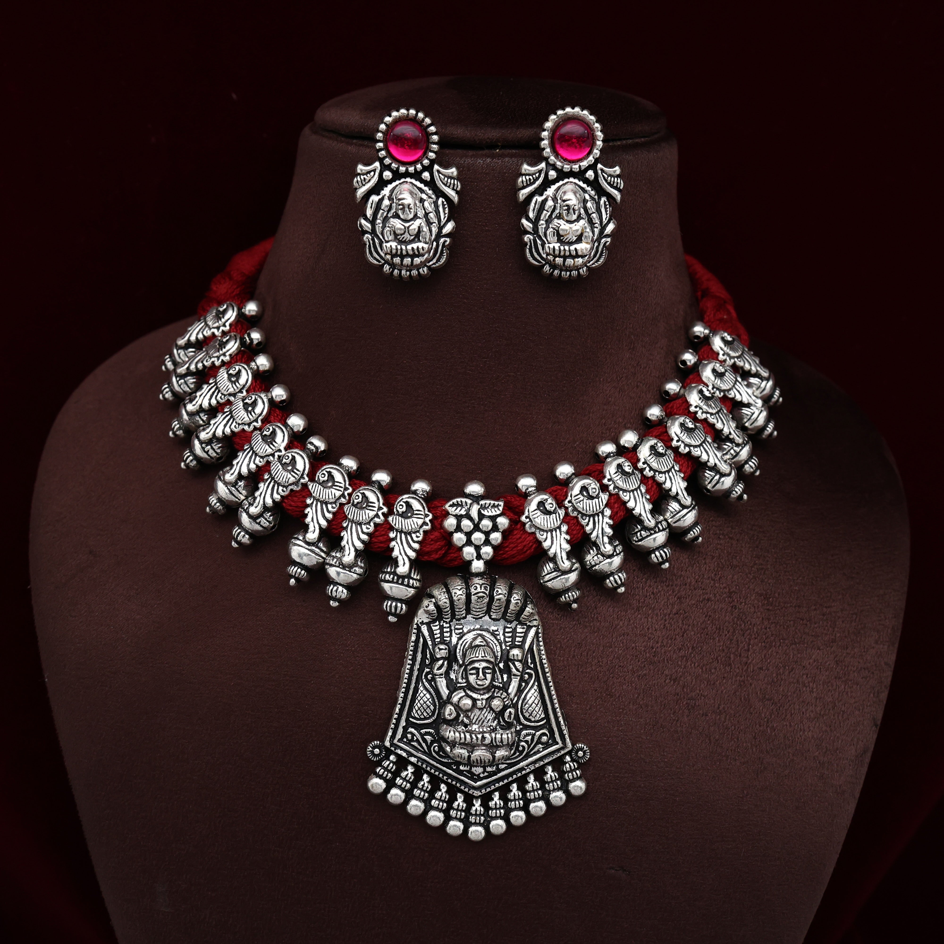 Antique Kolhapuri Silver Look Mahalakshmi Mayur Braided Thread Necklace Set