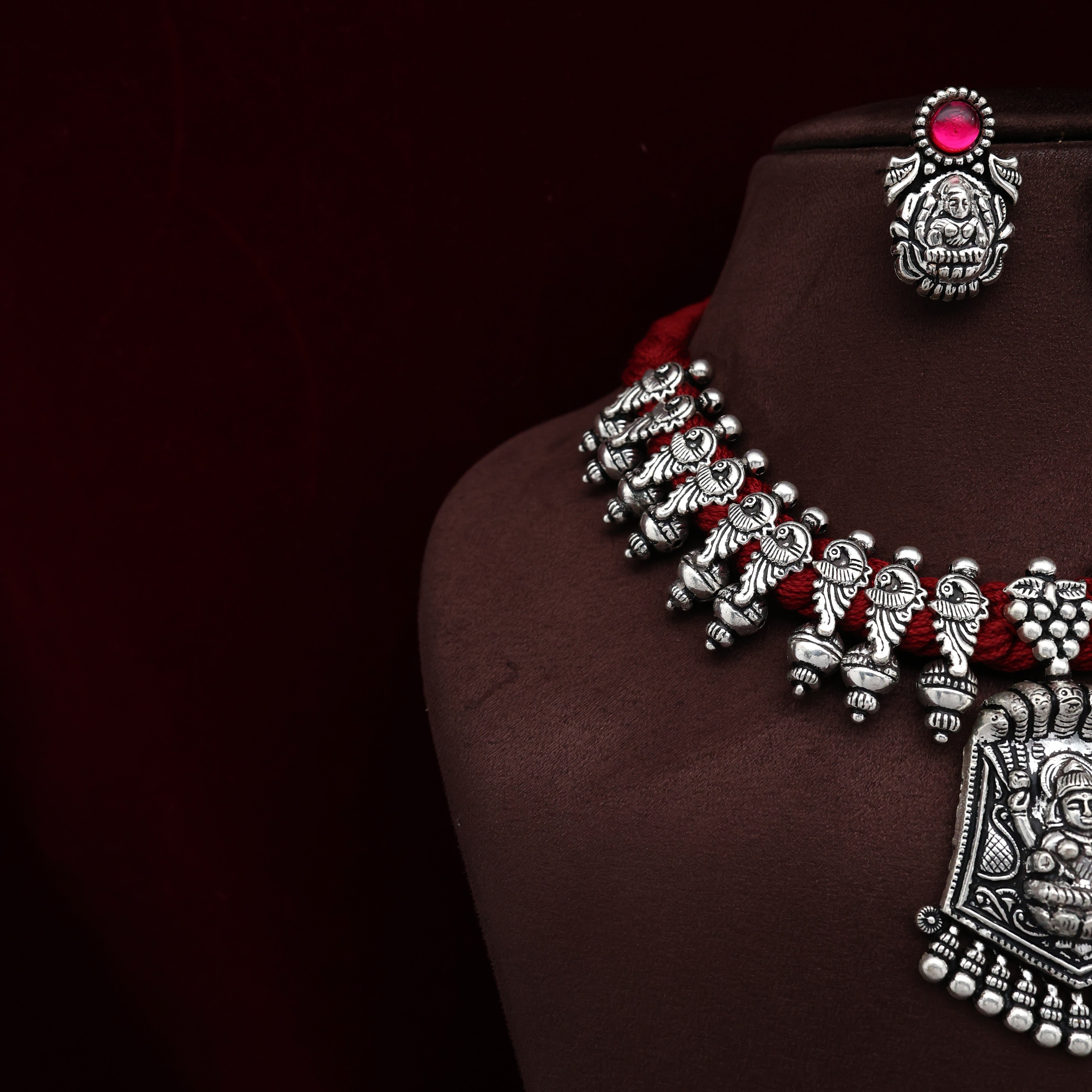 Antique Kolhapuri Silver Look Mahalakshmi Mayur Braided Thread Necklace Set