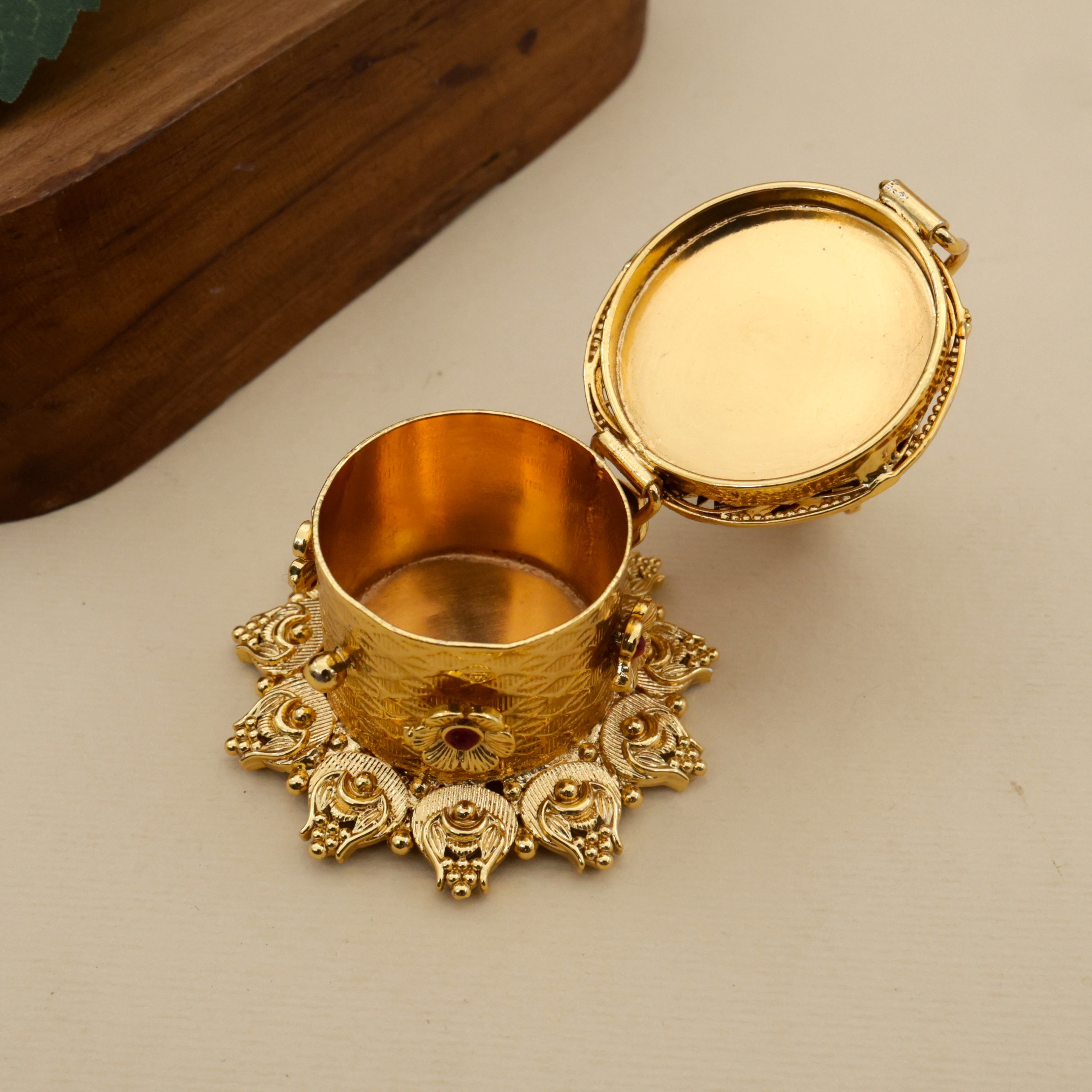 Antique Gold Ganesha on Flower Haldi/Kumum Box - Sindoor Dabbi