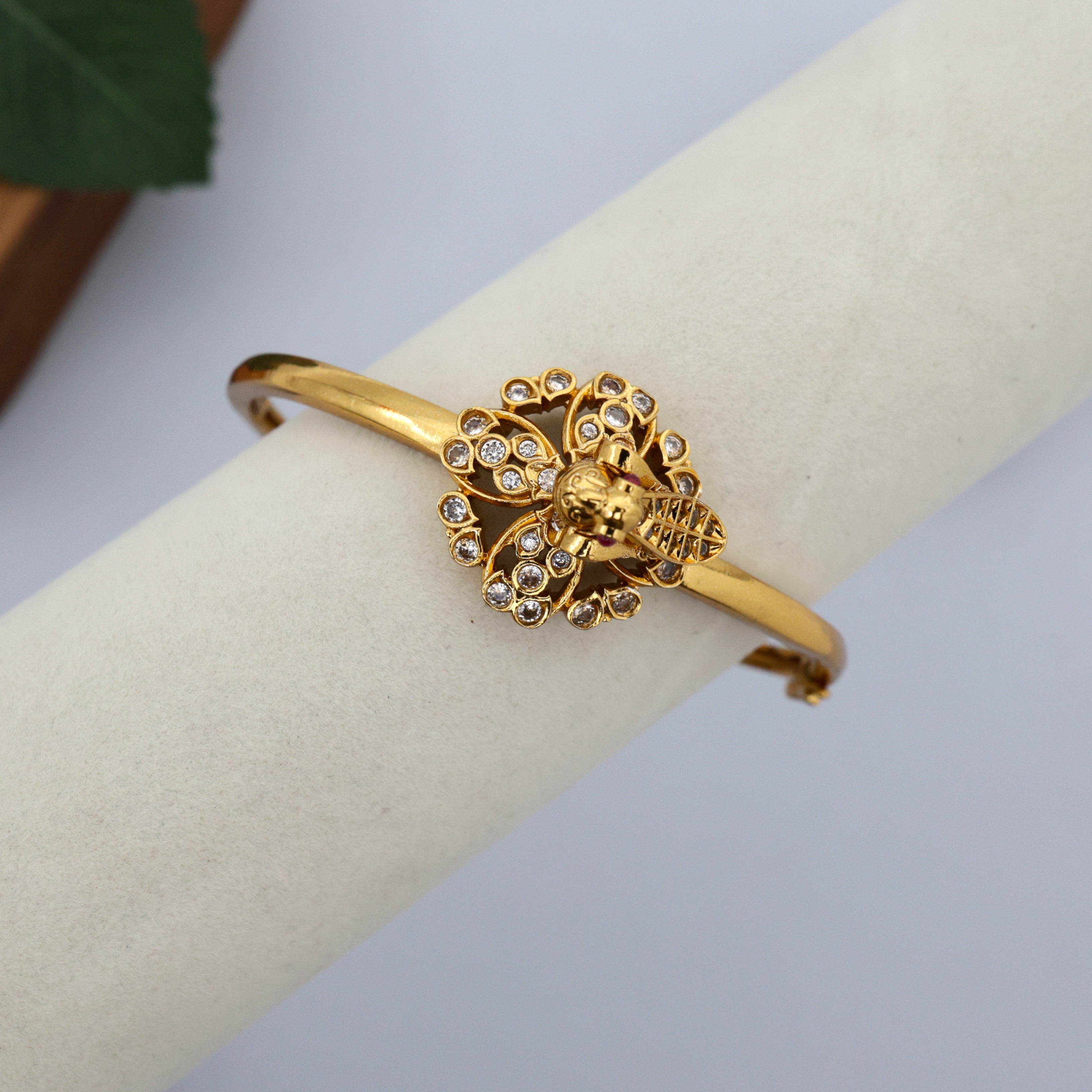 Gold Tone Peacock Dancing On a Flower Openable Kada Bracelet