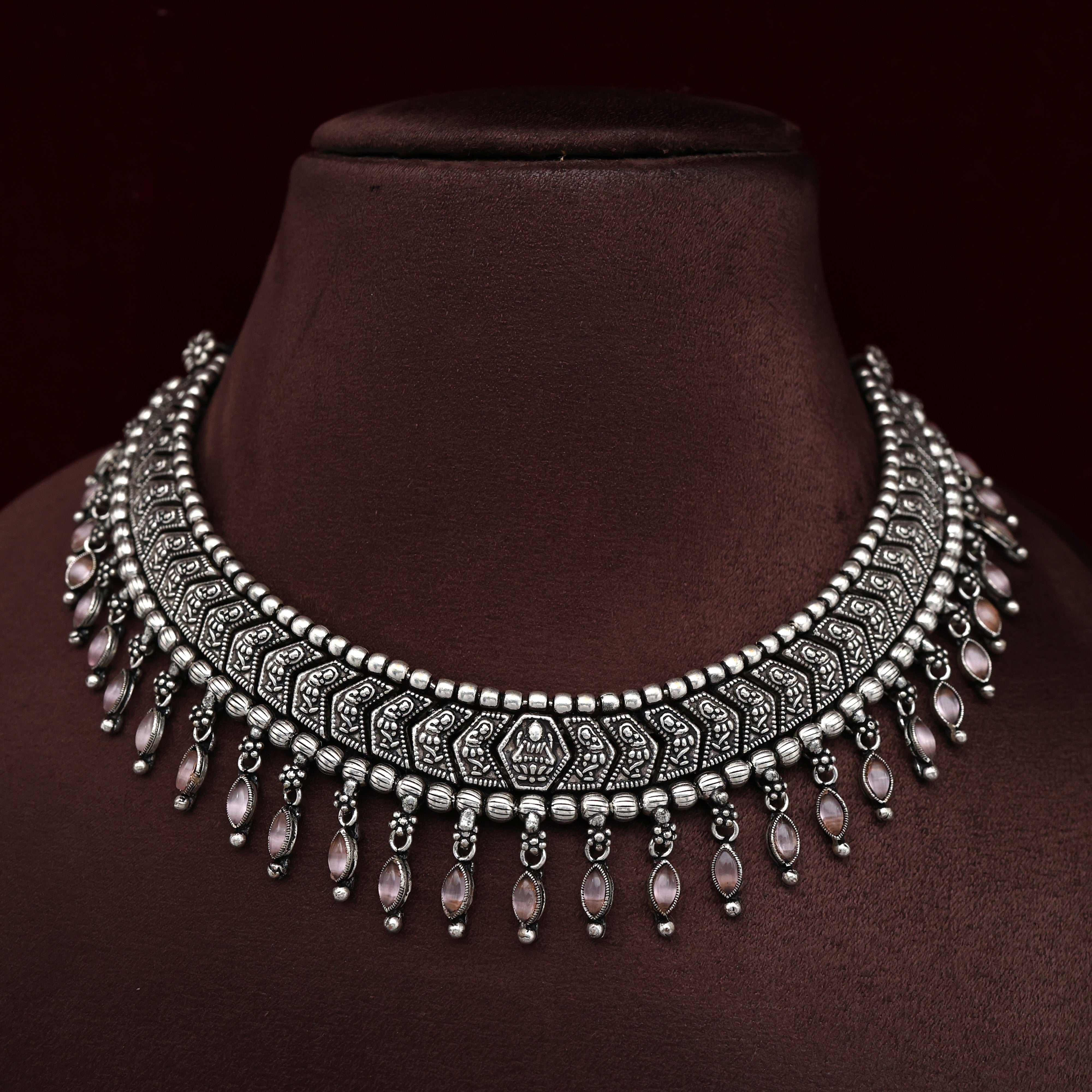 Silver Look Alike Stone Drops Lakshmi Devi Necklace Set