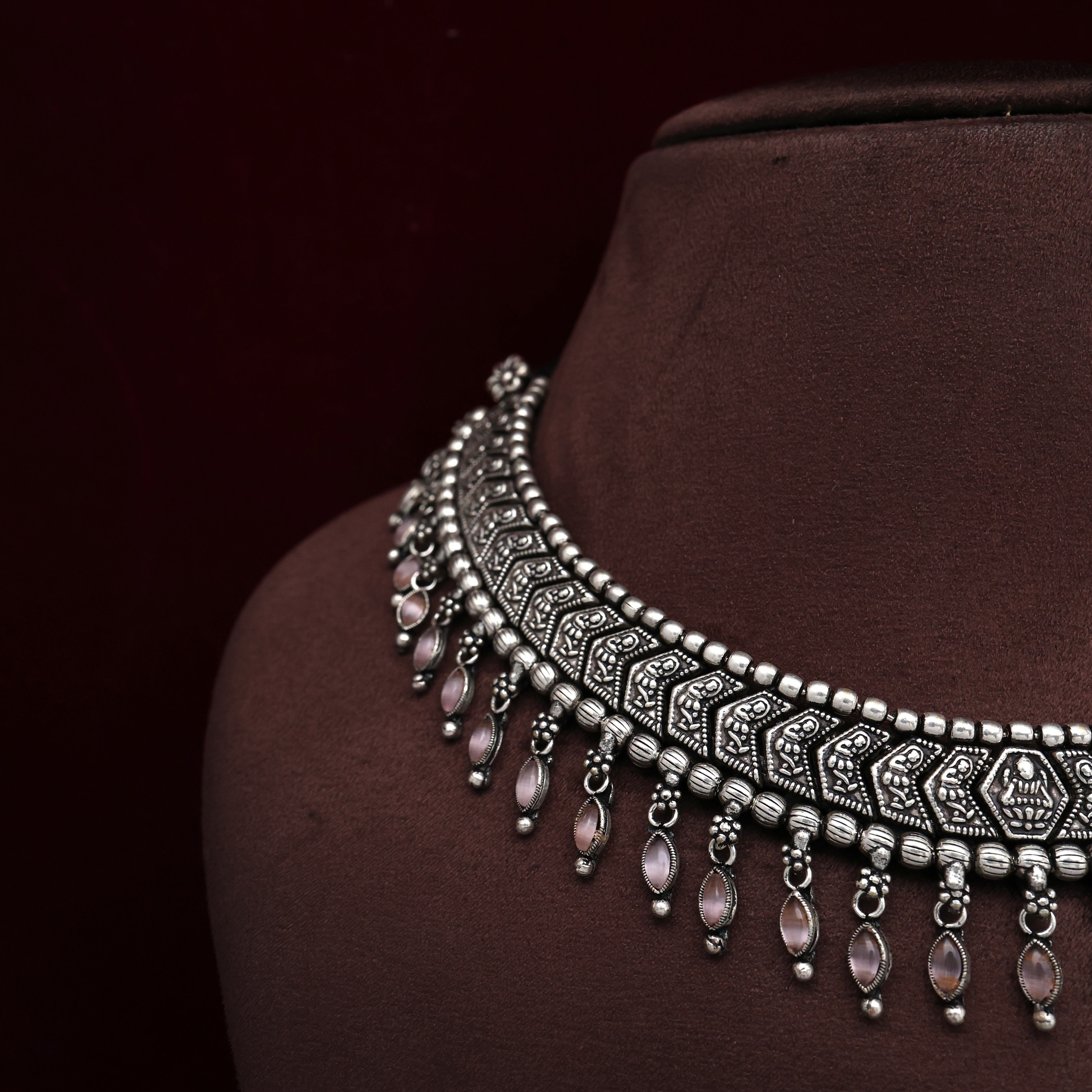 Silver Look Alike Stone Drops Lakshmi Devi Necklace Set