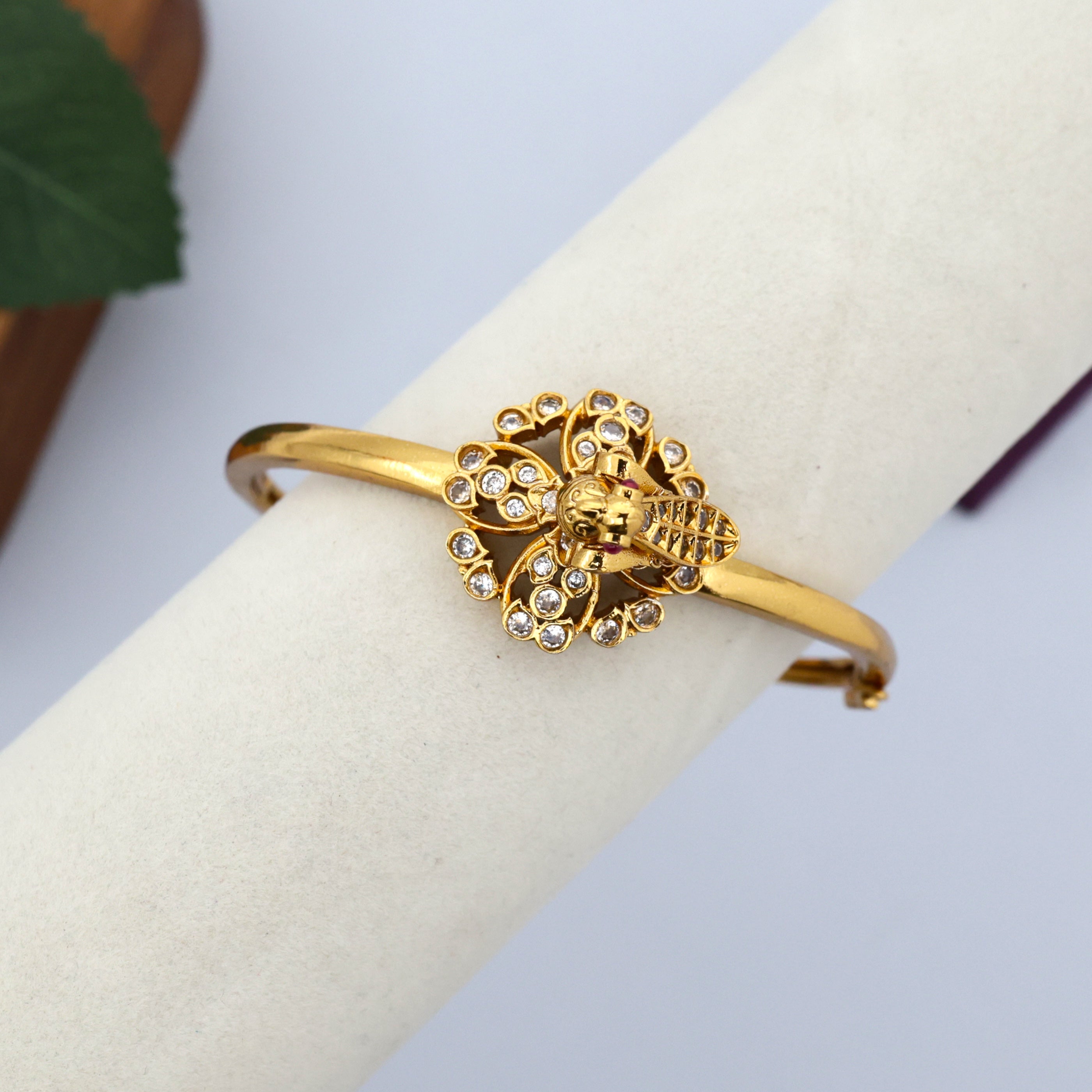 Gold Tone Peacock Dancing On a Flower Openable Kada Bracelet