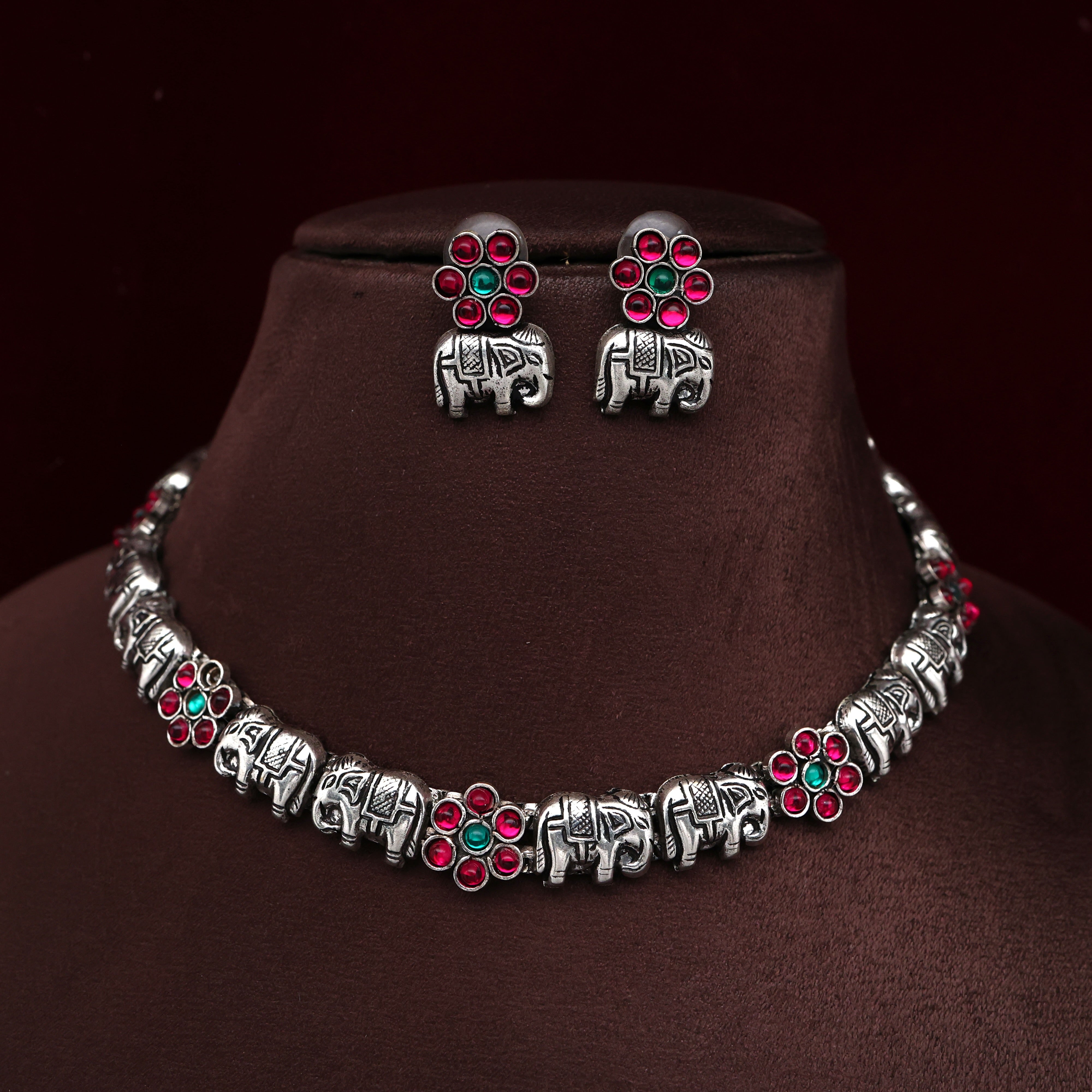 Silver Look Kolhapuri Kemp Flower Haathi Necklace Set