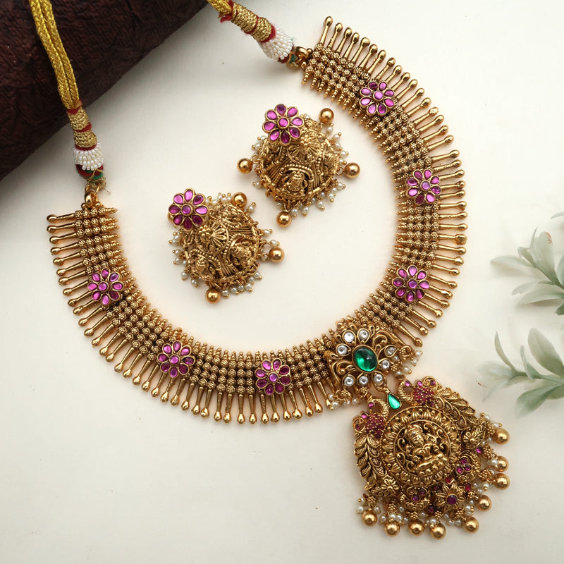 Antique Real Gold Look Jadau Kundan Mahalakshmi Spike Flower One Gram Gold Bridal Necklace Set