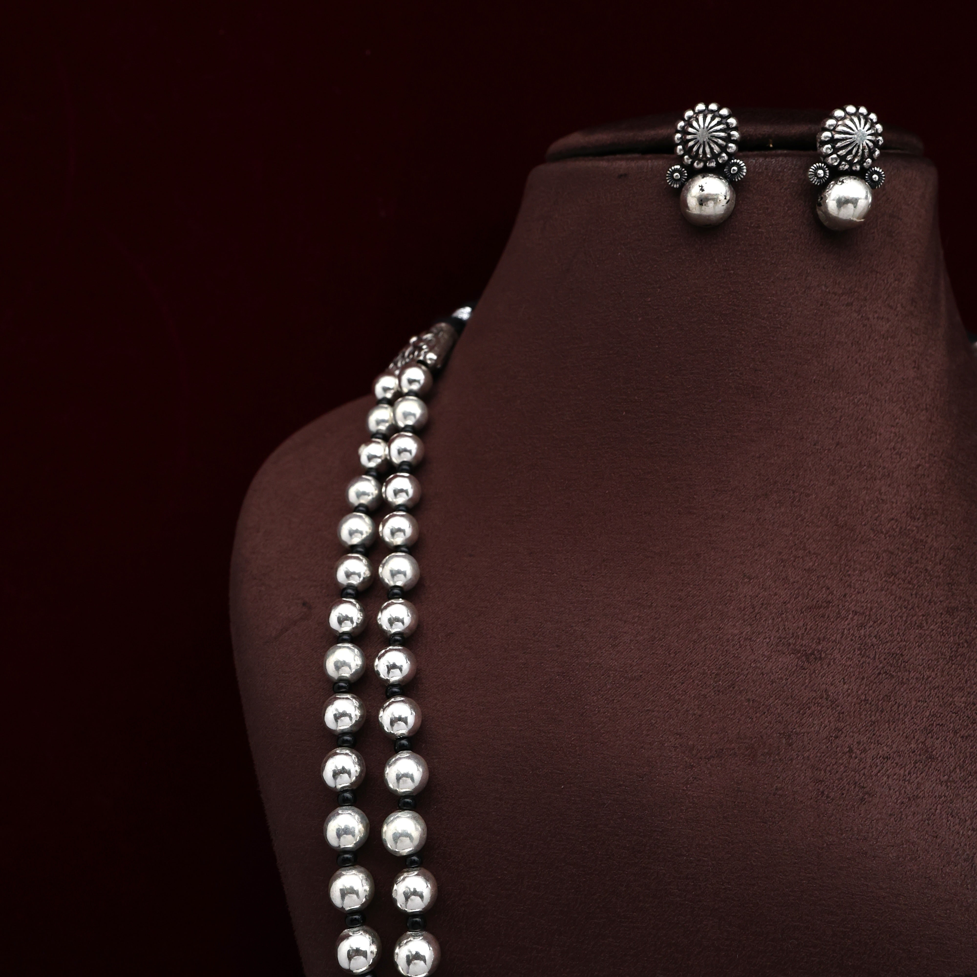 Antique Silver Look Traditional Vintage Kolhapuri Double Layer Round Beads Haar Set