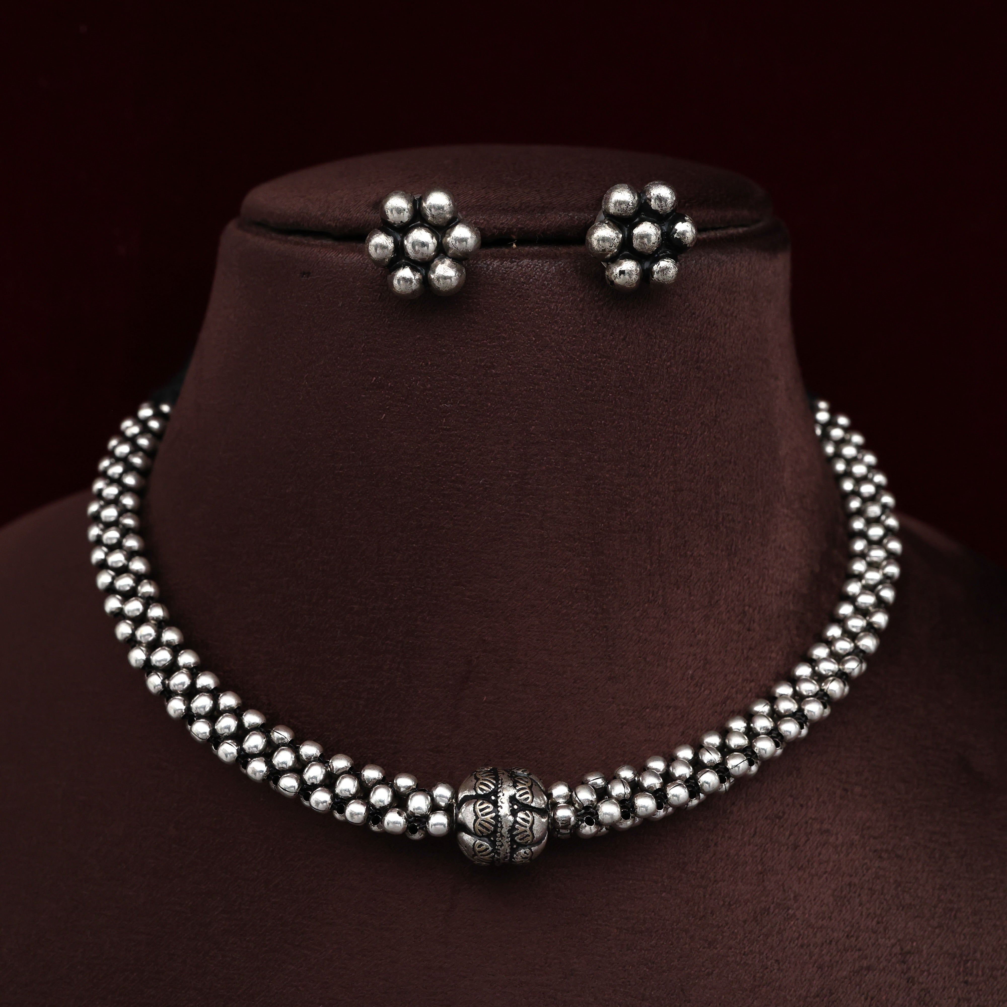 Antique Silver Kolhapuri Thushi German Silver Dhol Choker Necklace Set