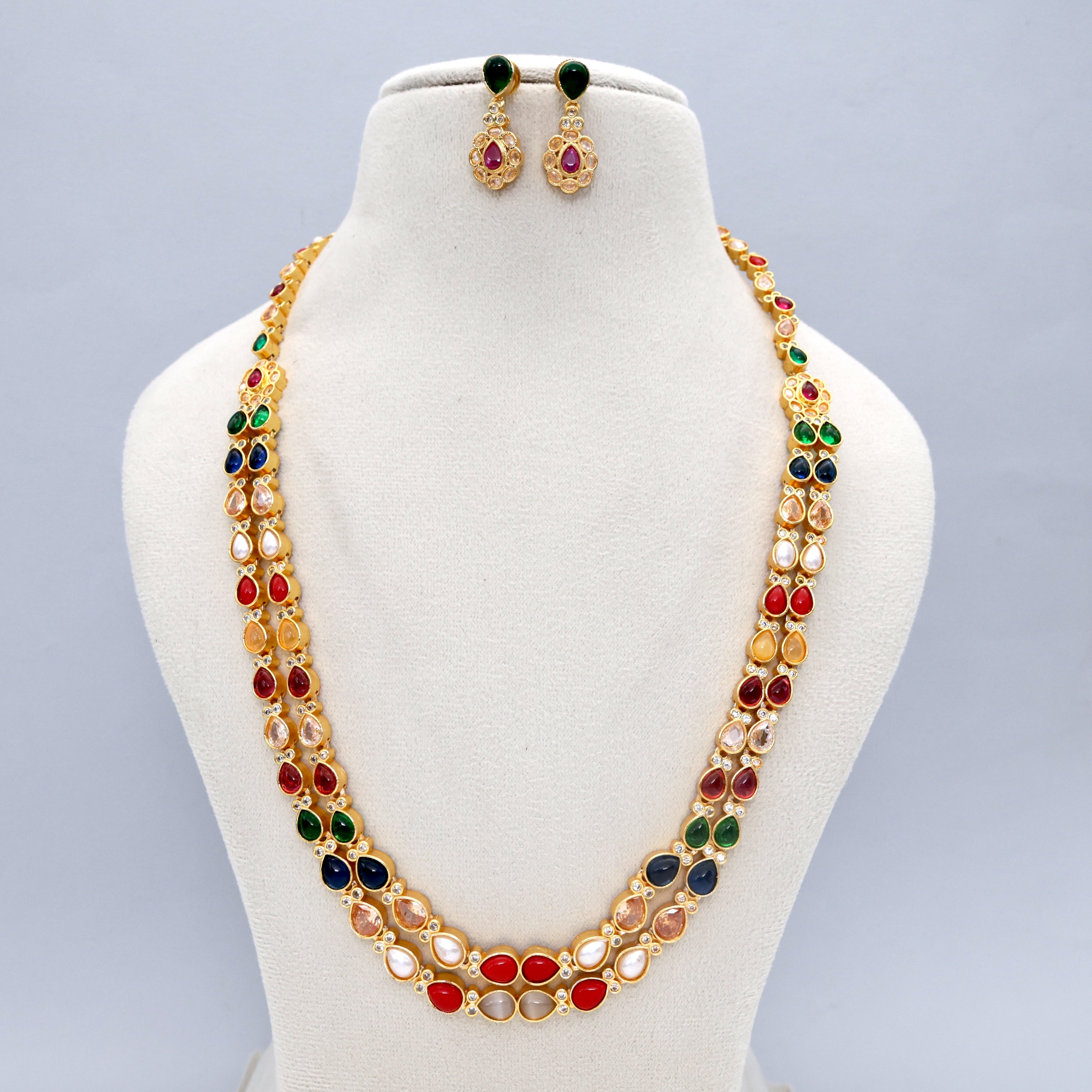 Gold Tone Double Layer Navarathna Stones Mid Length Necklace Set