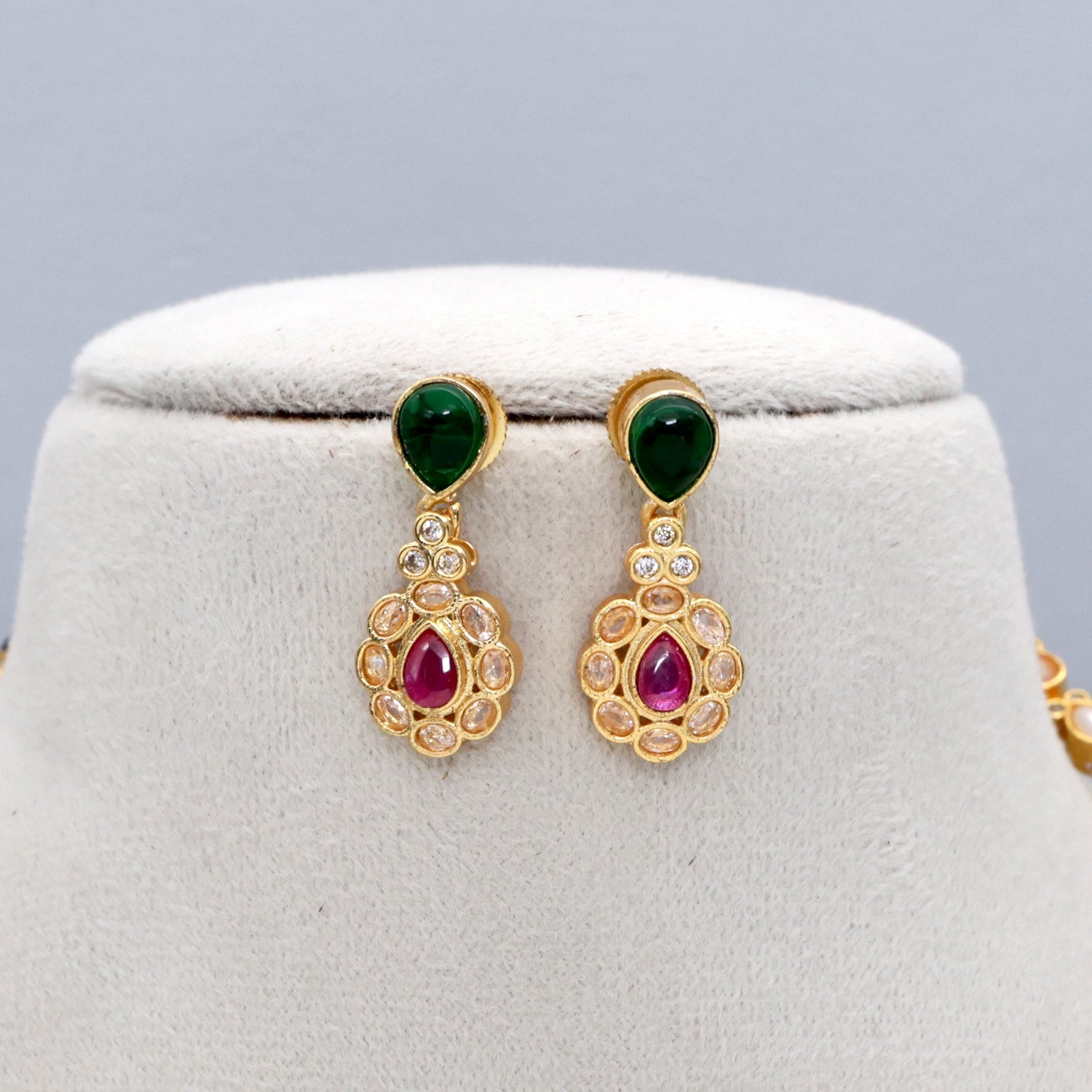 Gold Tone Double Layer Navarathna Stones Mid Length Necklace Set