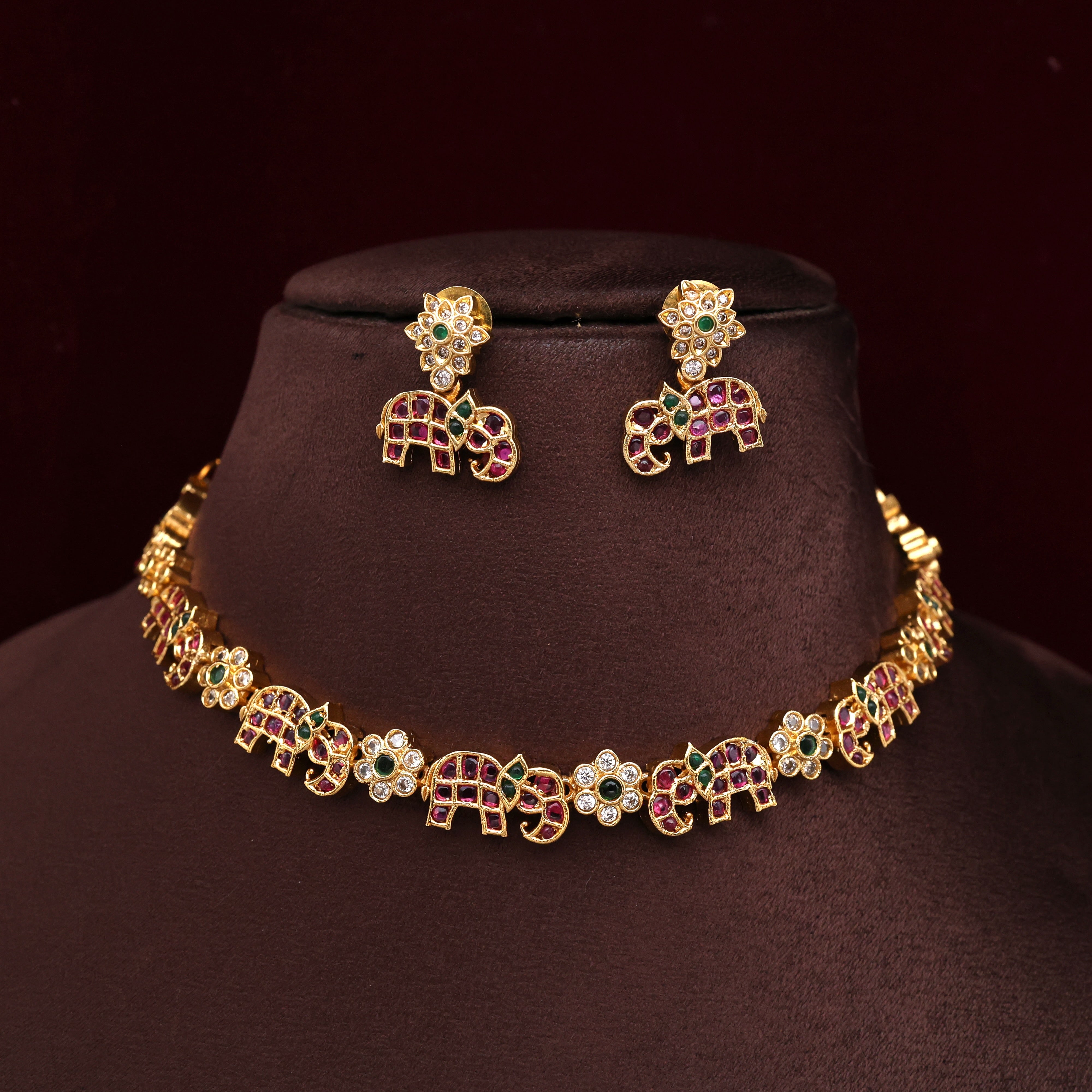 Antique Kemp Elephant Flower Kids Friendly Necklace Set