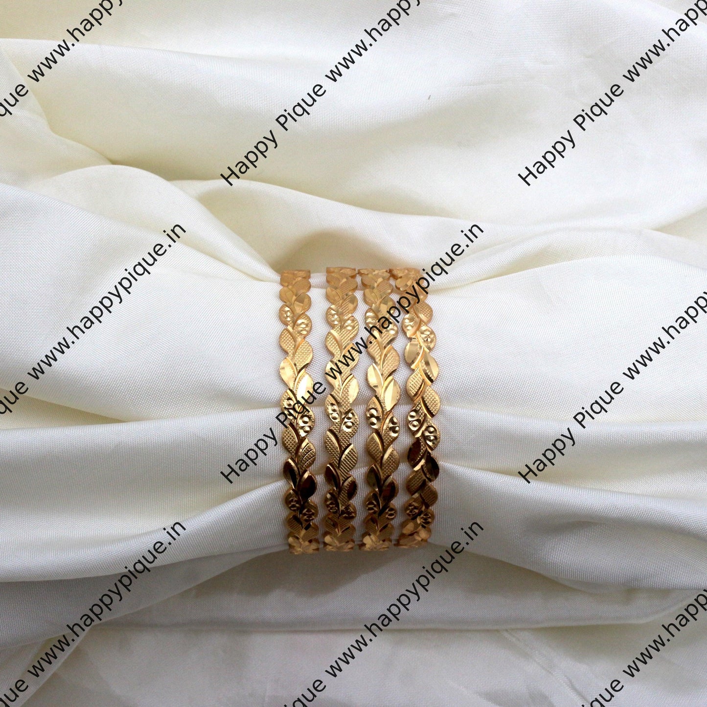 Real Gold Tone Set of 4 Traditional Leaf Bangles - SS020 - Daily Wear/Office Wear/Function Wear Bangles