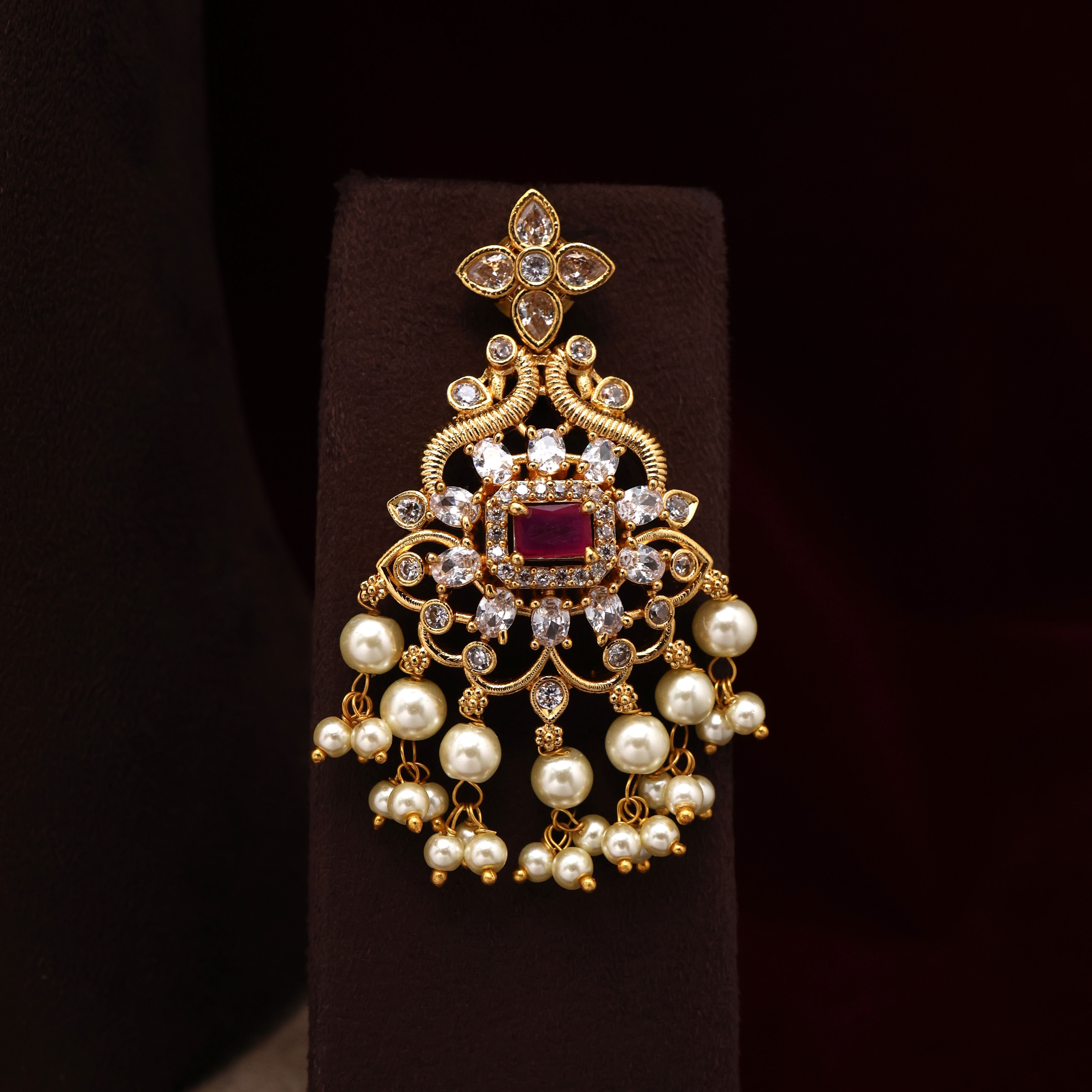 AD 5 Layer Rice Pearls Rettapakshi Long Mala Set - Ruby