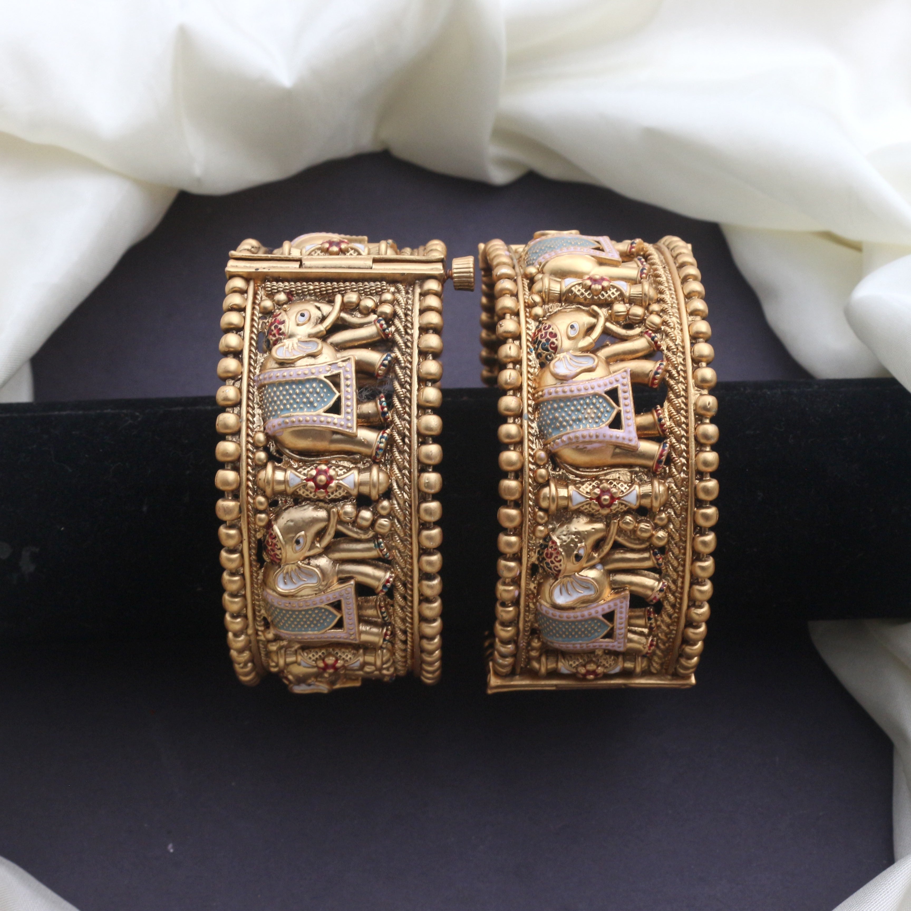 Premium Rajwadi Polish Meena Elephants Openable Kada Bridal Bangles