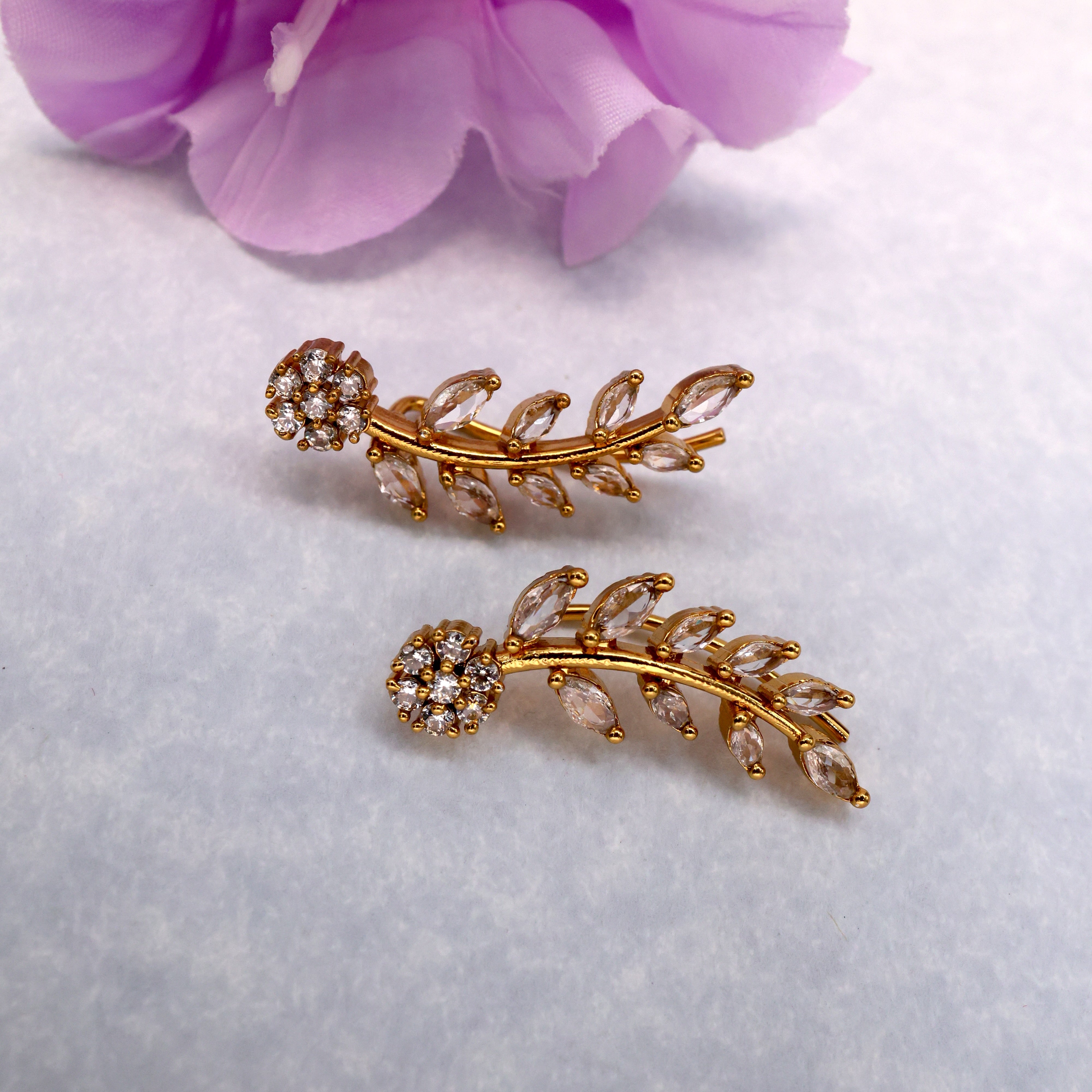 AD Diamond Look Flower Leaf Earcuff Earrings