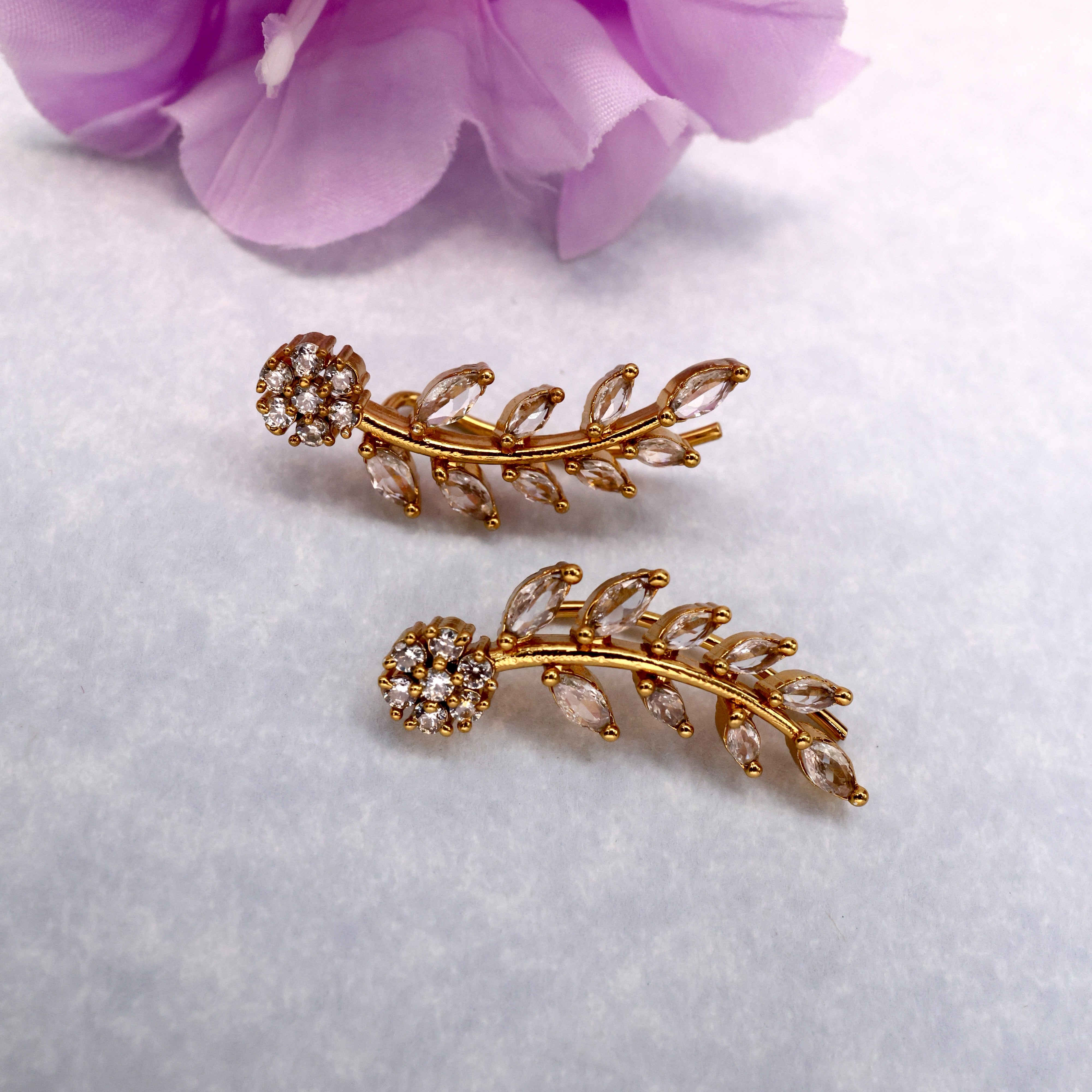 AD Diamond Look Flower Leaf Earcuff Earrings