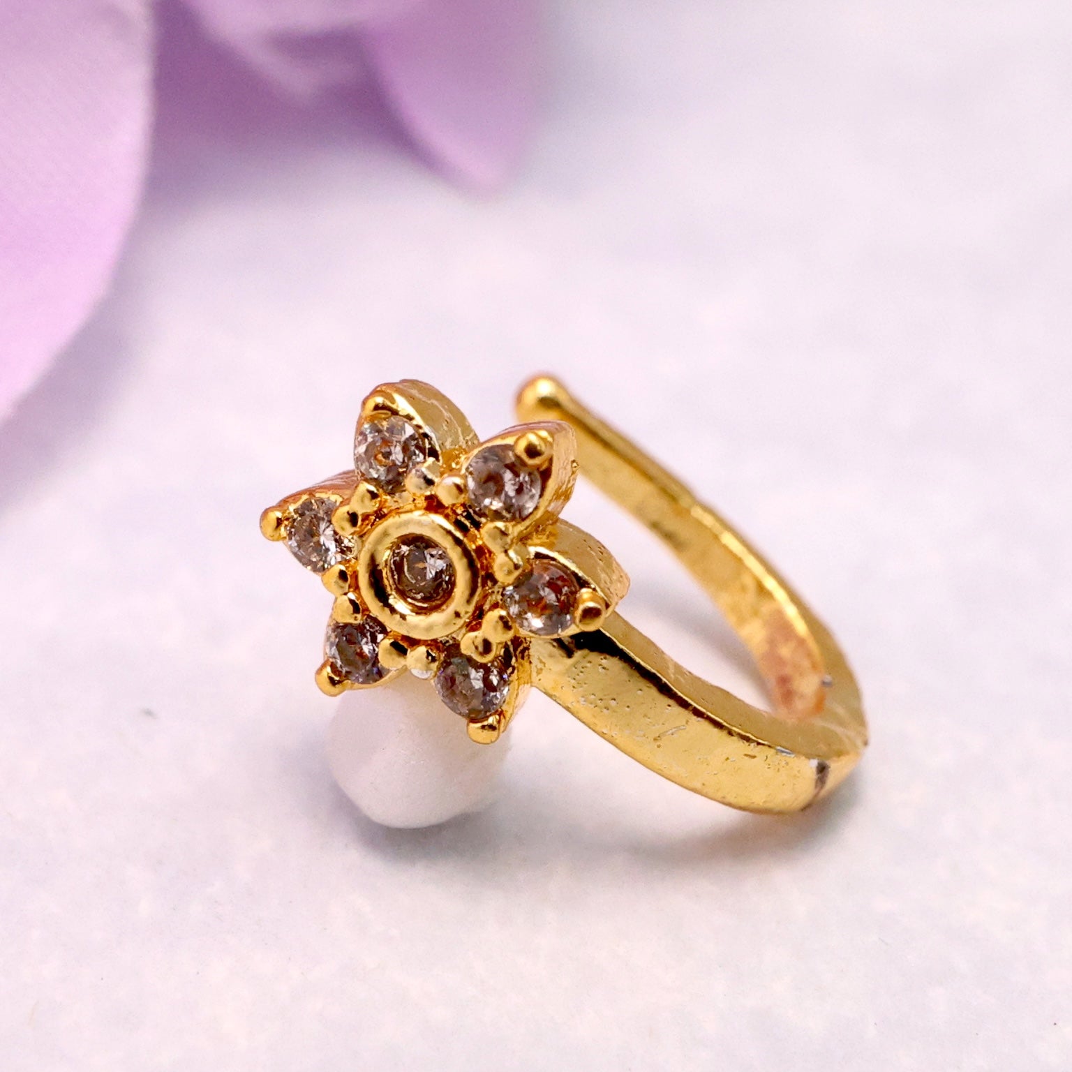 Real Gold Tone Diamond Look Star Flower Clip On Nose Pin - White