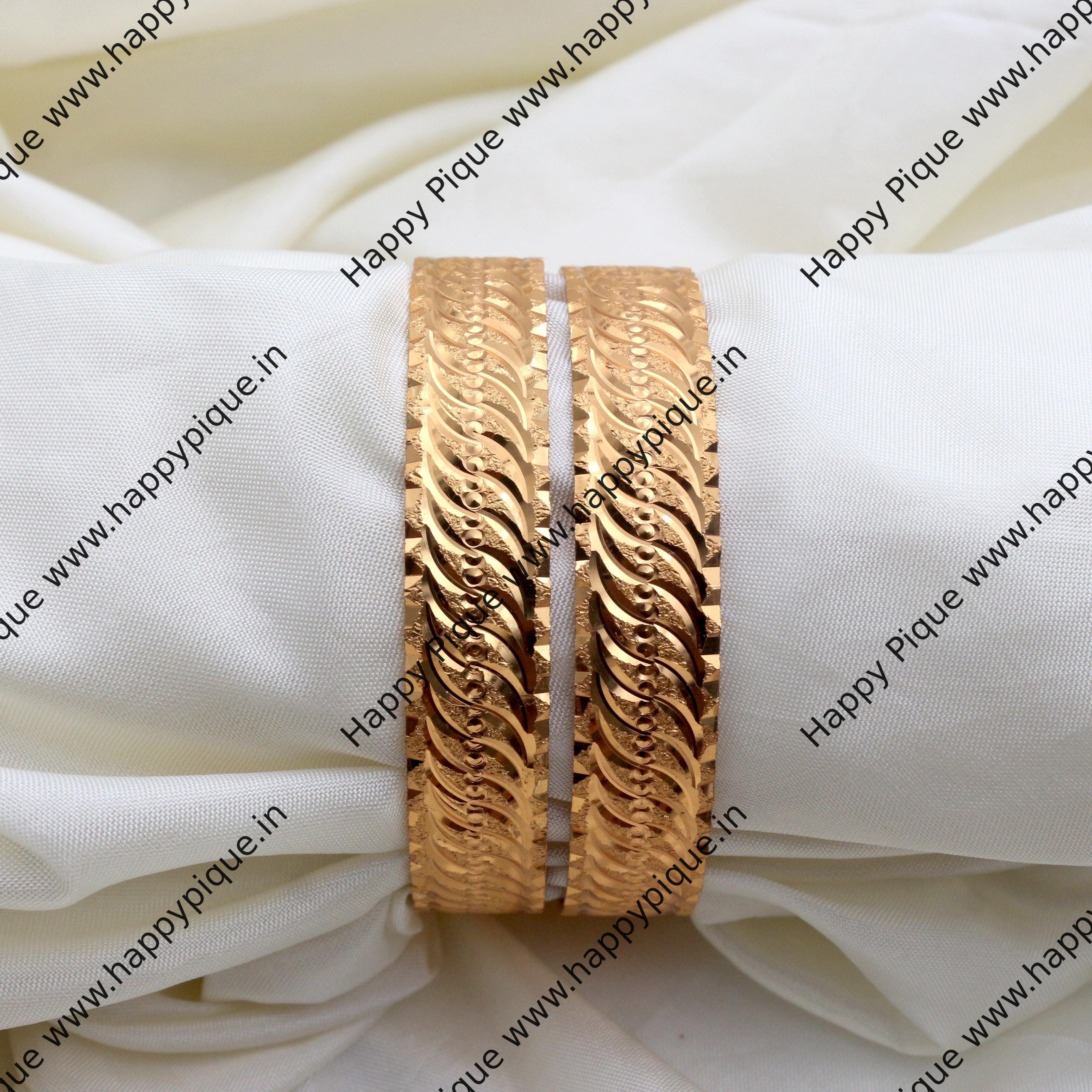 Real Gold Tone Set of 2 Thick Bridal Bangles - SS028 - Daily Wear/Office Wear/Function Wear Bangles