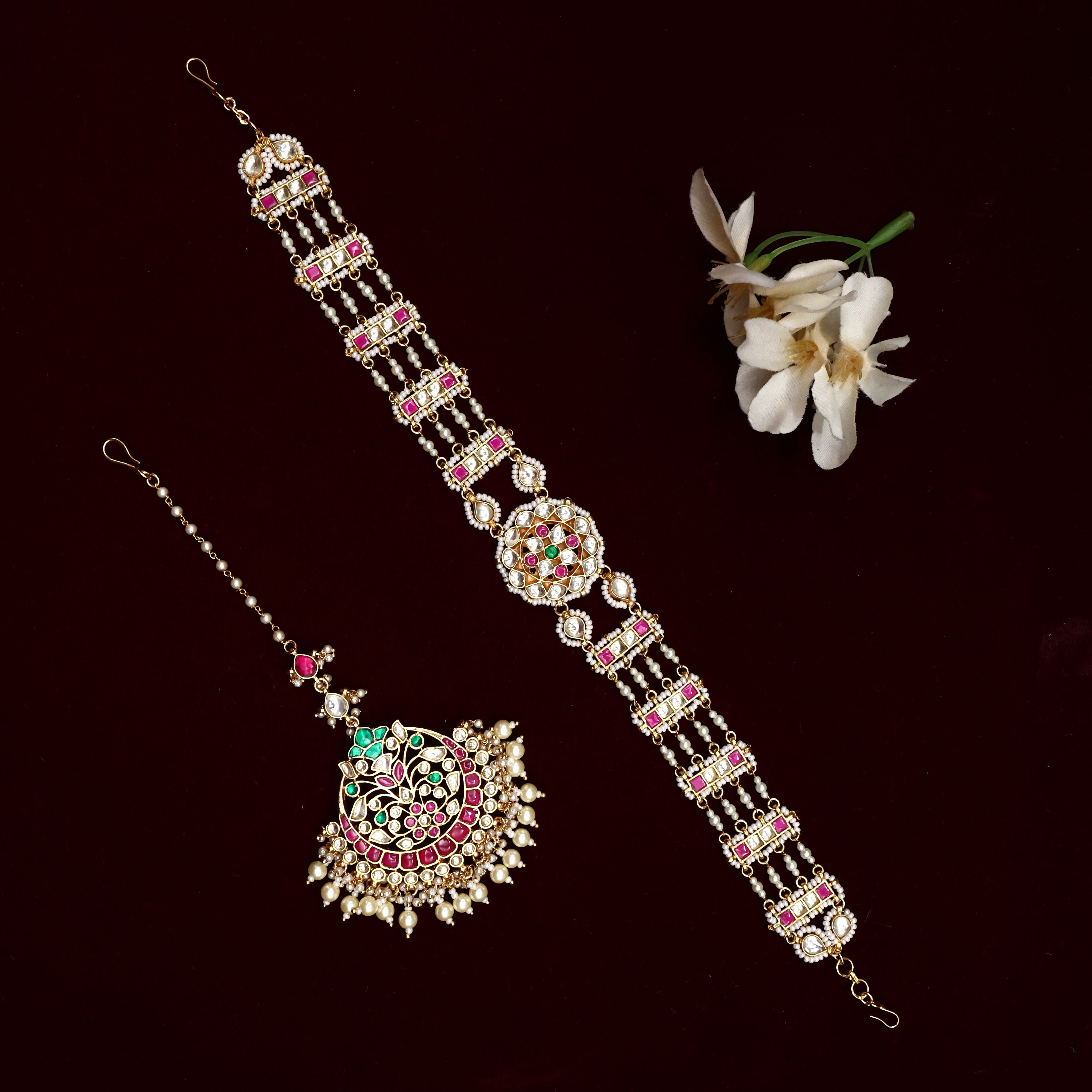 Grand Heavy Pachi Kundan Bridal Sheeshpool & Maang Tikka Set