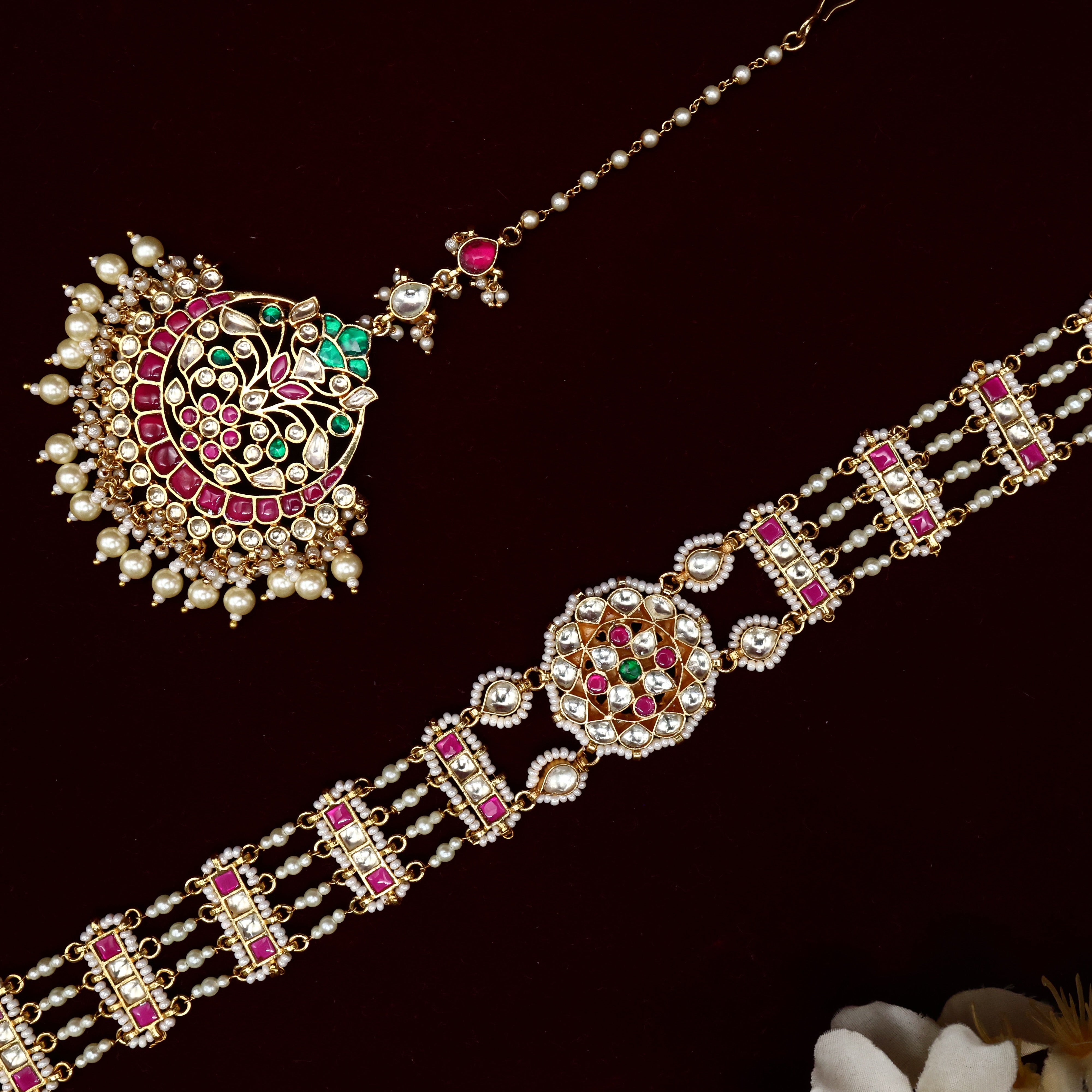 Grand Heavy Pachi Kundan Bridal Sheeshpool & Maang Tikka Set