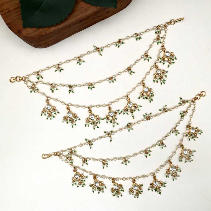 Premium Pachi Kundan 3 Layer Pearl Drops Ear Chain/Maatal