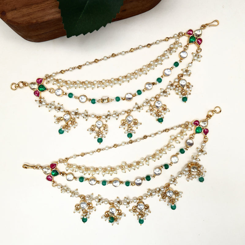 Premium Pachi Kundan 4 Layer Green Beads Bridal Kaan Chain/Maatal