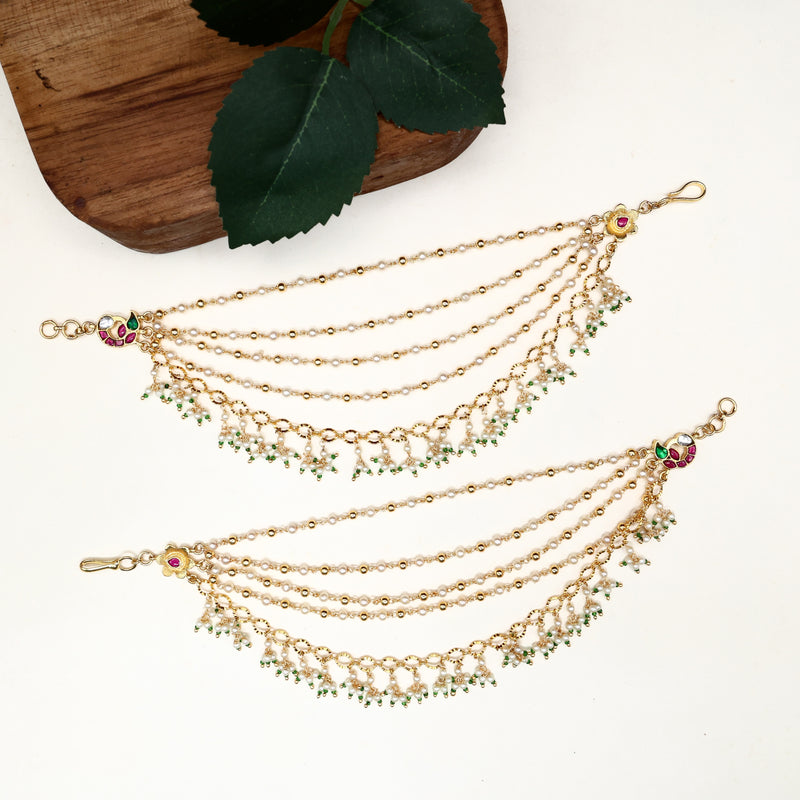 Pachi Kundan 5 Layer Mayur Bridal Kaan Chain/Ear Chain