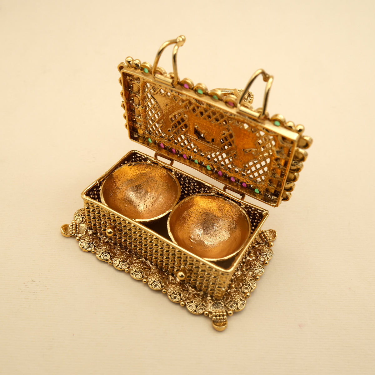 Antique Nagas Mahalakshmi Devi Double Cavity Rectangular Kumkum Box - Sindoor Dabbi