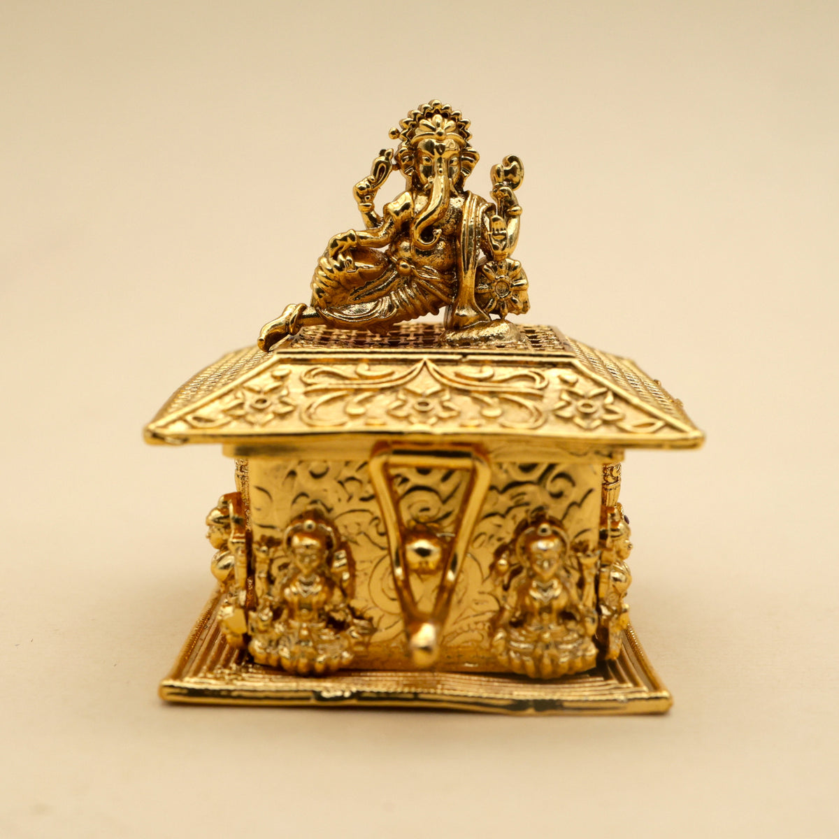 Antique Gold Nagas Raj Ganesha Square Kumkum Box - Sindoor Dabbi