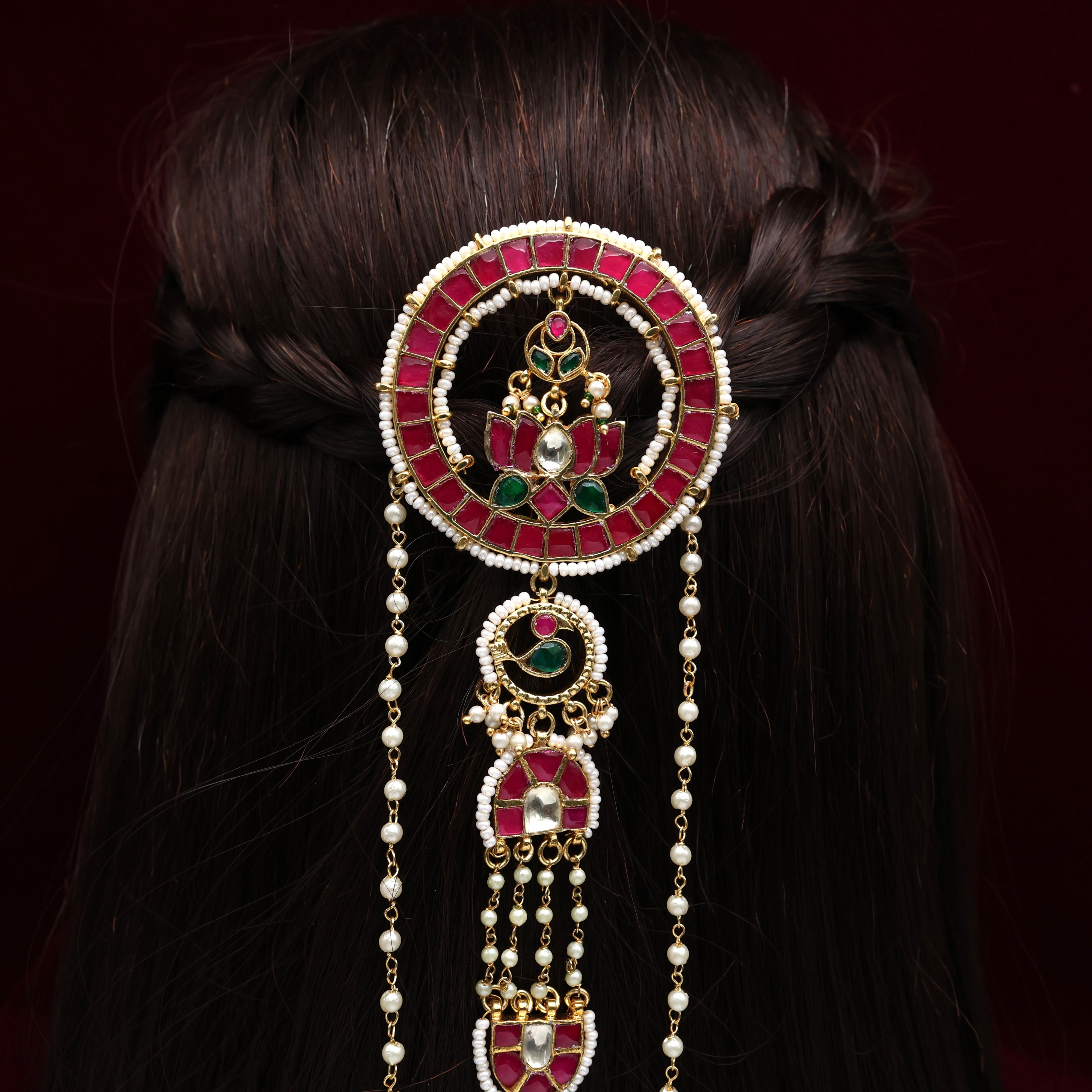 Premium Pachi Kundan Lotus Bird Pearl 3 Line Bridal Choti