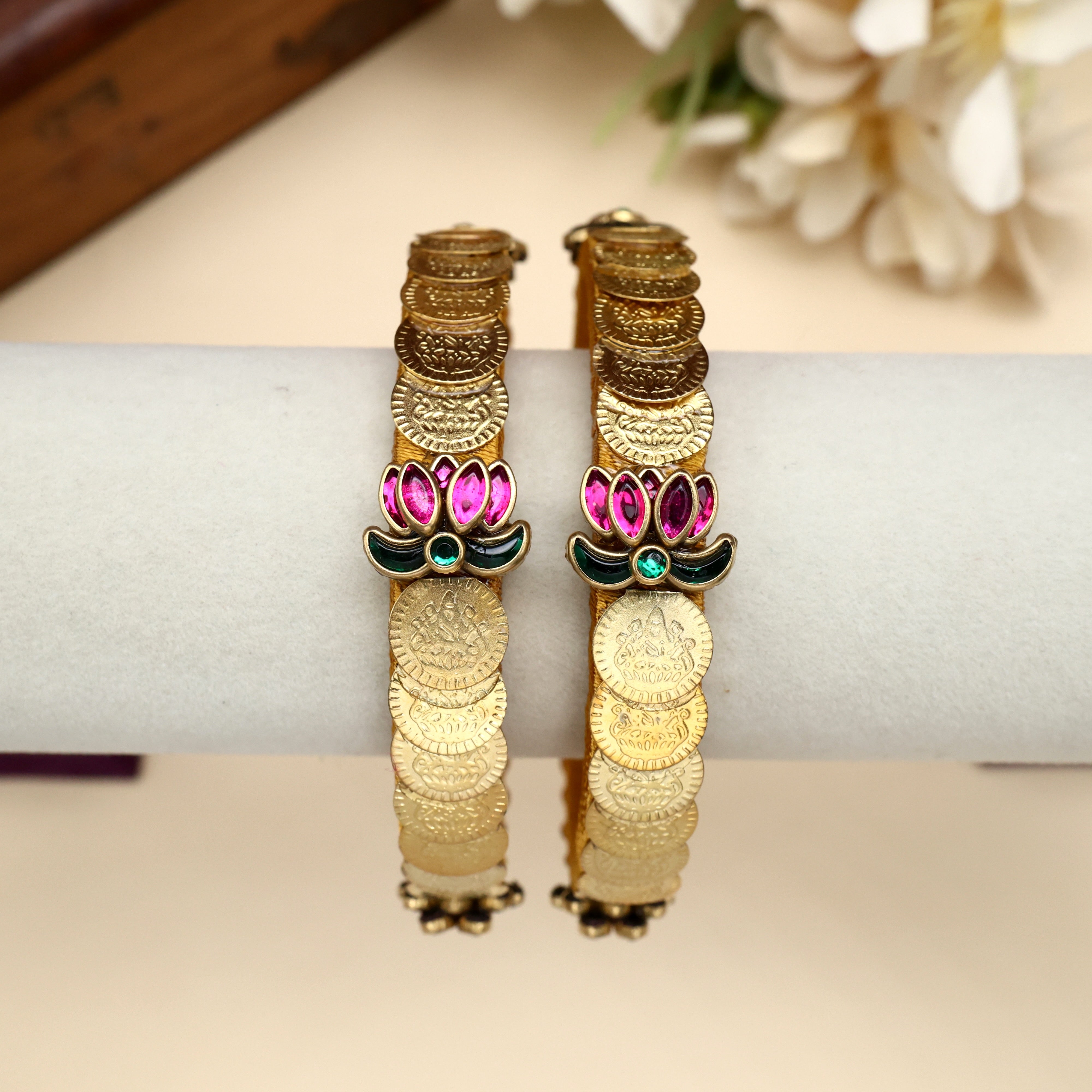 Handmade Silk Thread Lakshmi Coin Lotus Bangles - 2.6
