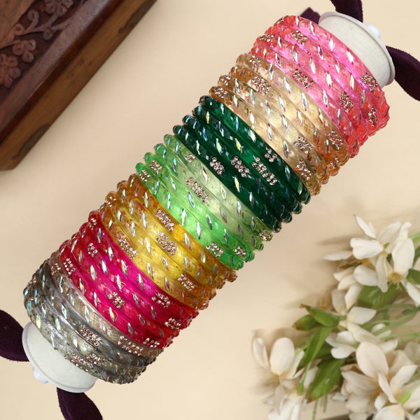 Set of 4 Thick Glass Stone Work Kada Bangles Combo - 7 Colours Combo