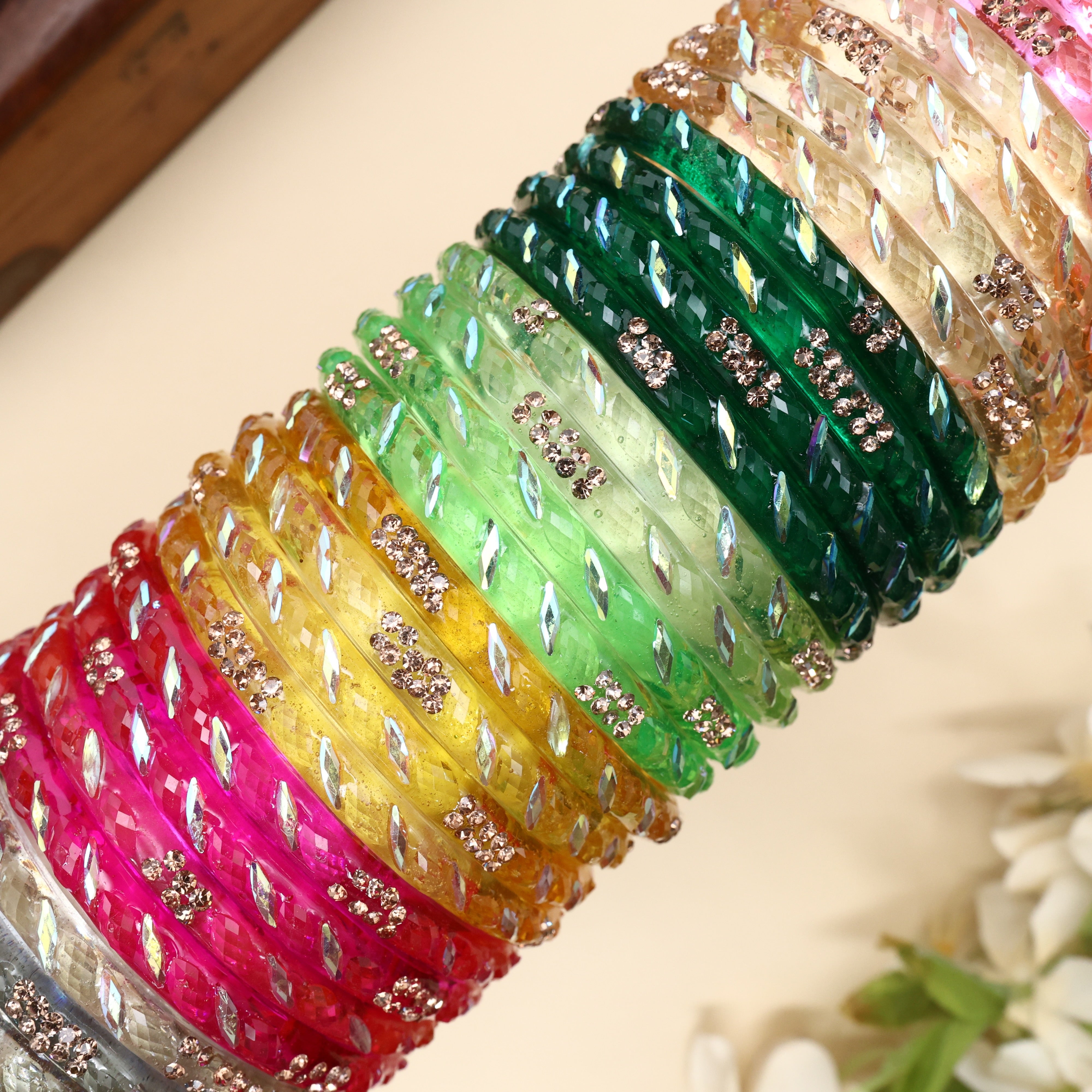 Set of 4 Thick Glass Stone Work Kada Bangles Combo - 7 Colours Combo