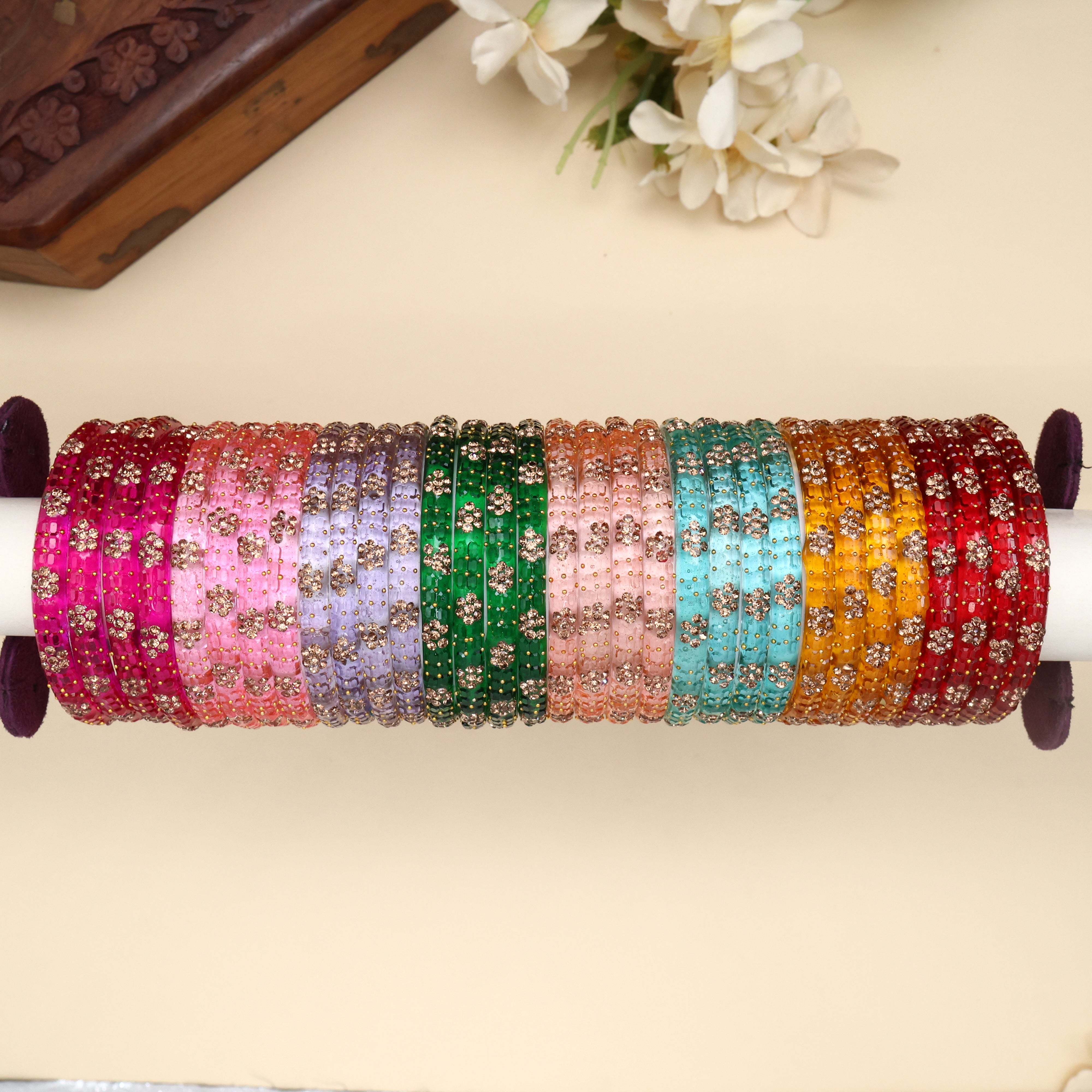 Cube Cut Stone Work Premium Thick Glass Kada Bangles Combo - 8 Colours Combo Set