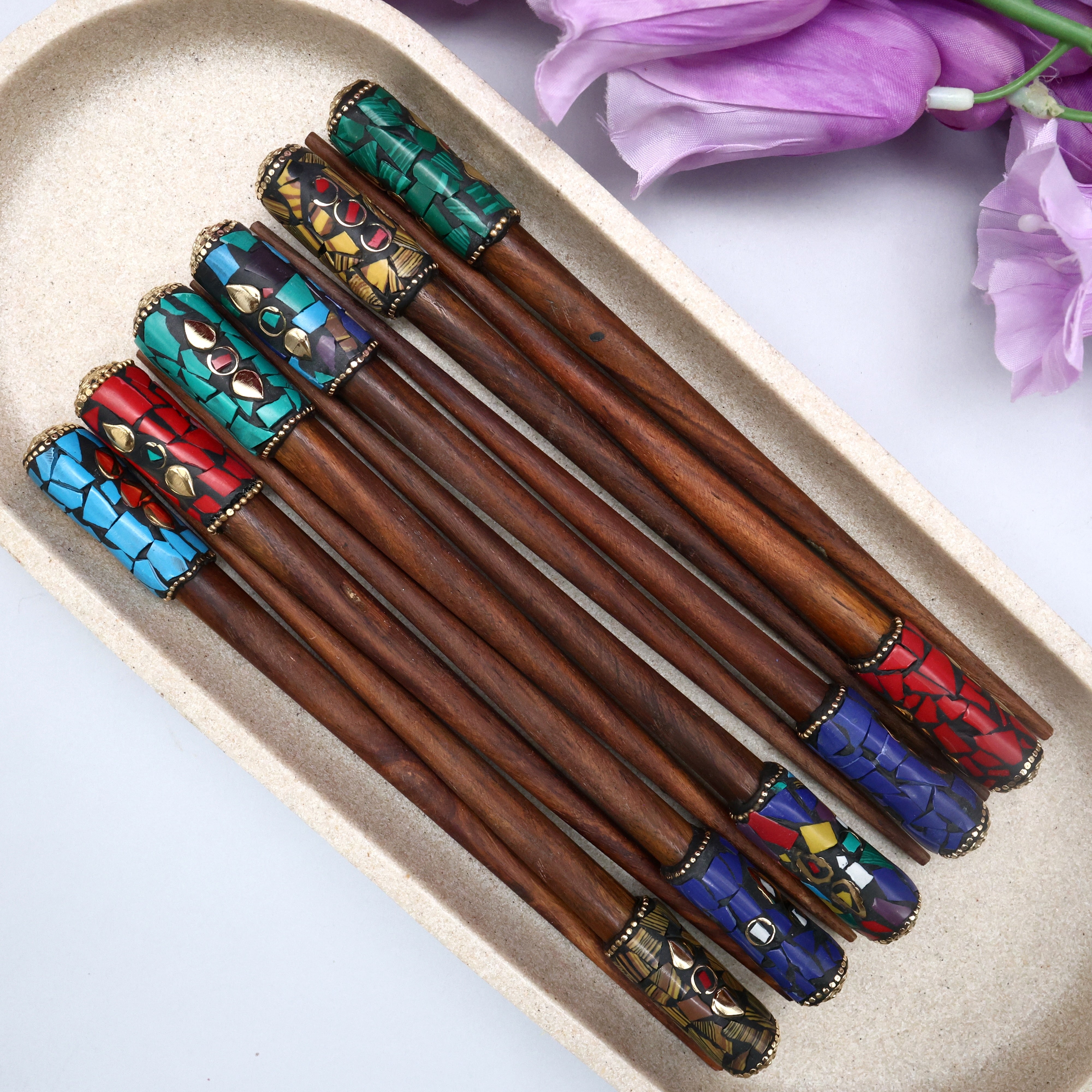 Premium Wooden Tibetan Work Juda Stick - Hair Stick For Buns (Assorted Colours)