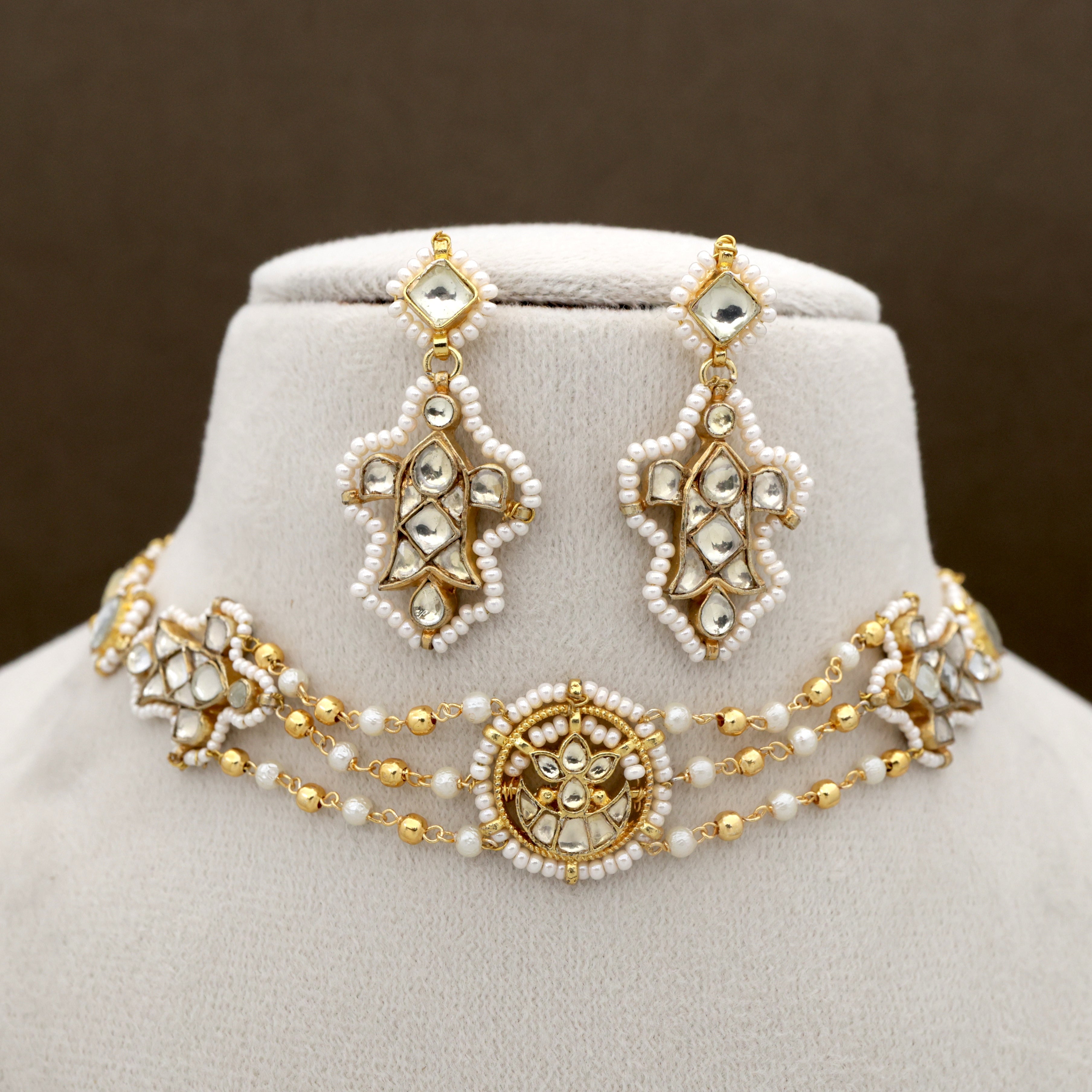 Premium Gold Tone Pachi Kundan Two In One Sheeshpool/Mathapatti Choker Set - Fish & Lotus