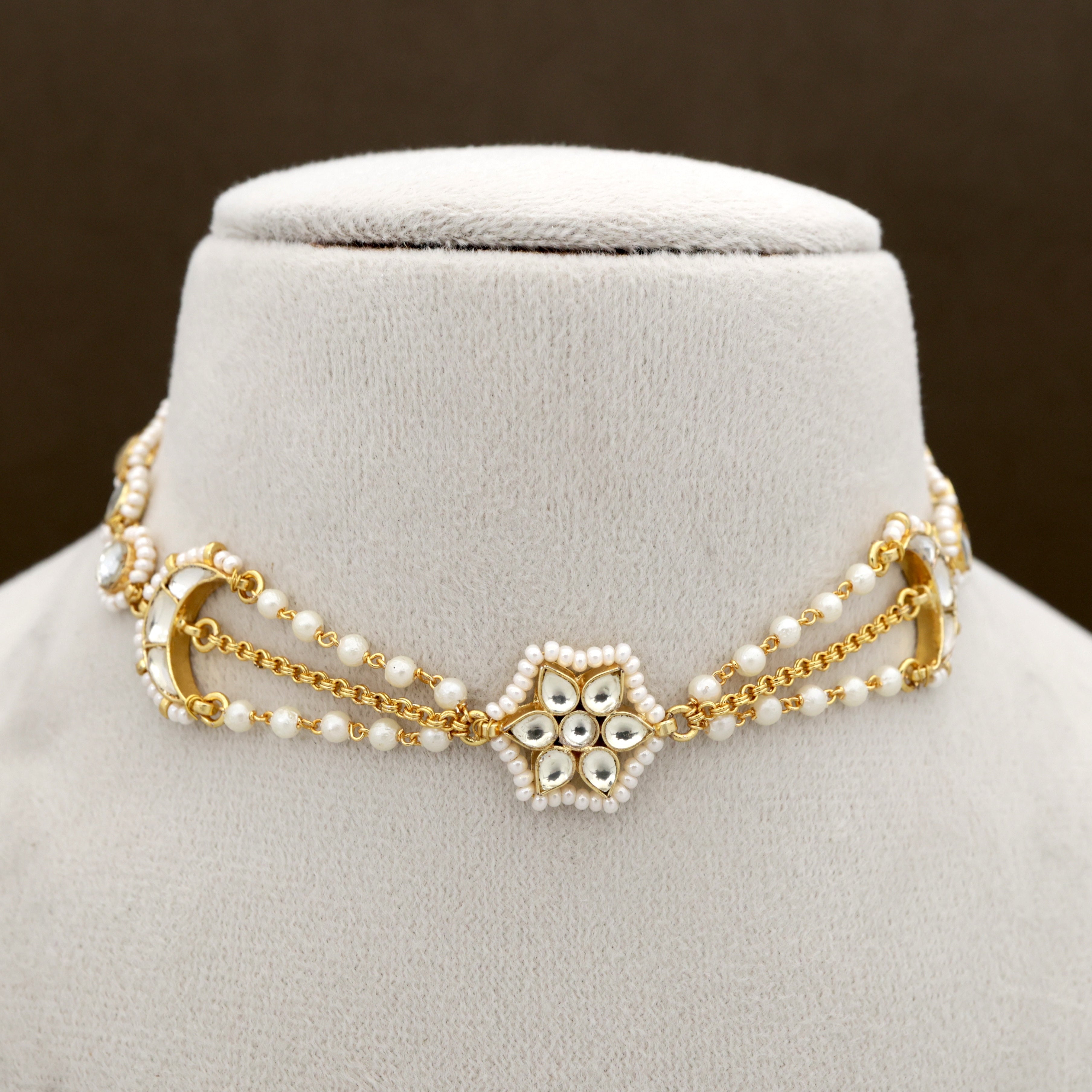 Premium Gold Tone Pachi Kundan Two In One Sheeshpool/Mathapatti Choker Set - Moon Star