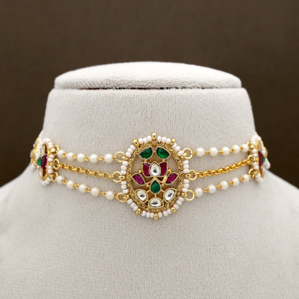 Premium Gold Tone Pachi Kundan Two In One Sheeshpool/Mathapatti Choker Set - Bud Bloomed Lotus