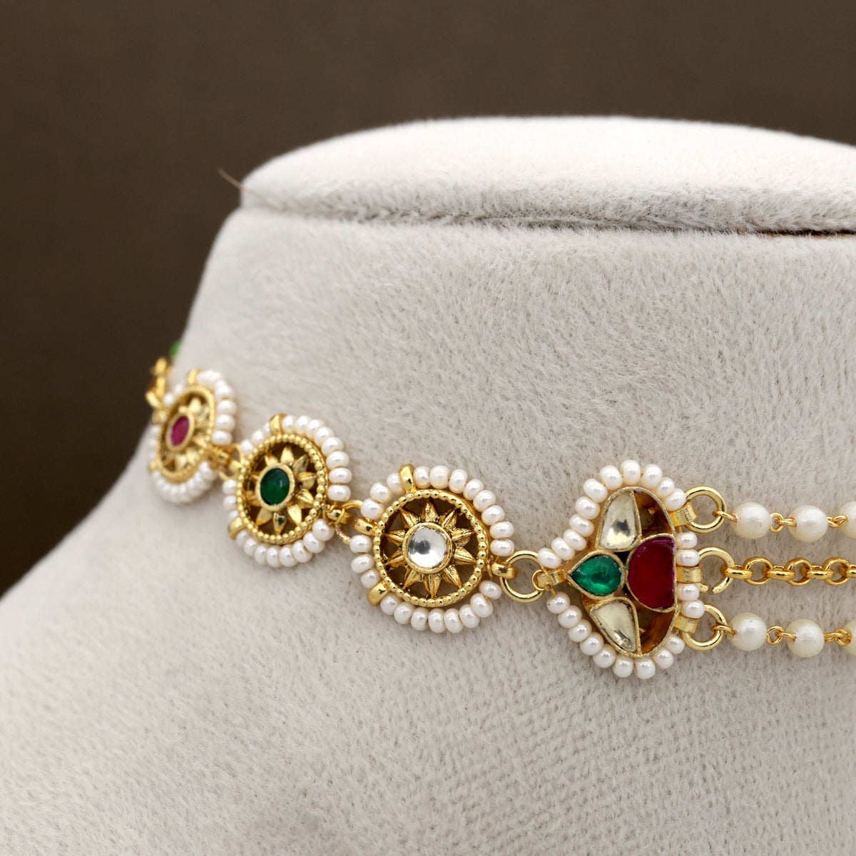 Premium Gold Tone Pachi Kundan Two In One Sheeshpool/Mathapatti Choker Set - Bud Bloomed Lotus