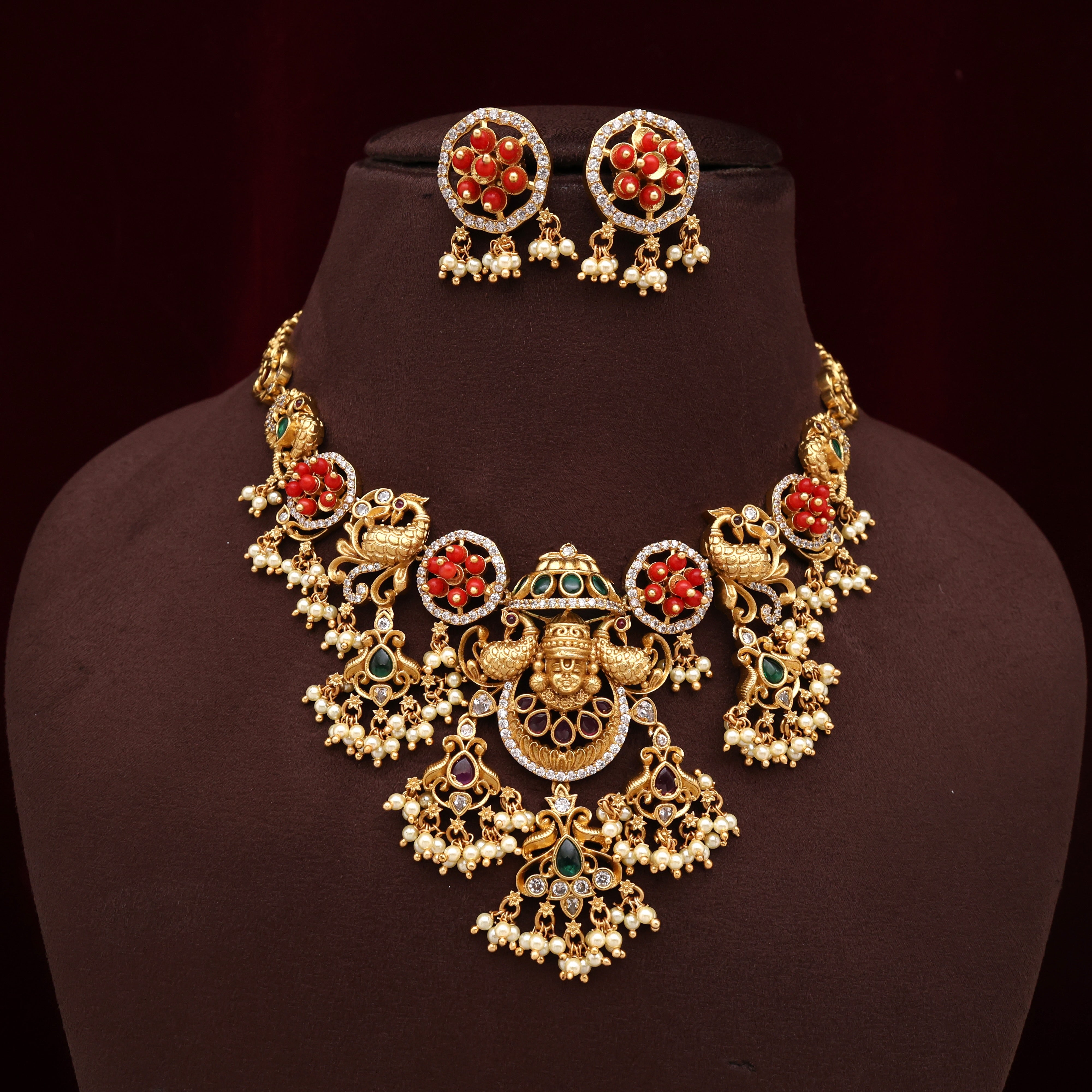 Antique Gold Premium Coral Kemp AD Venkateshwara Bridal Guttapusalu Necklace Set