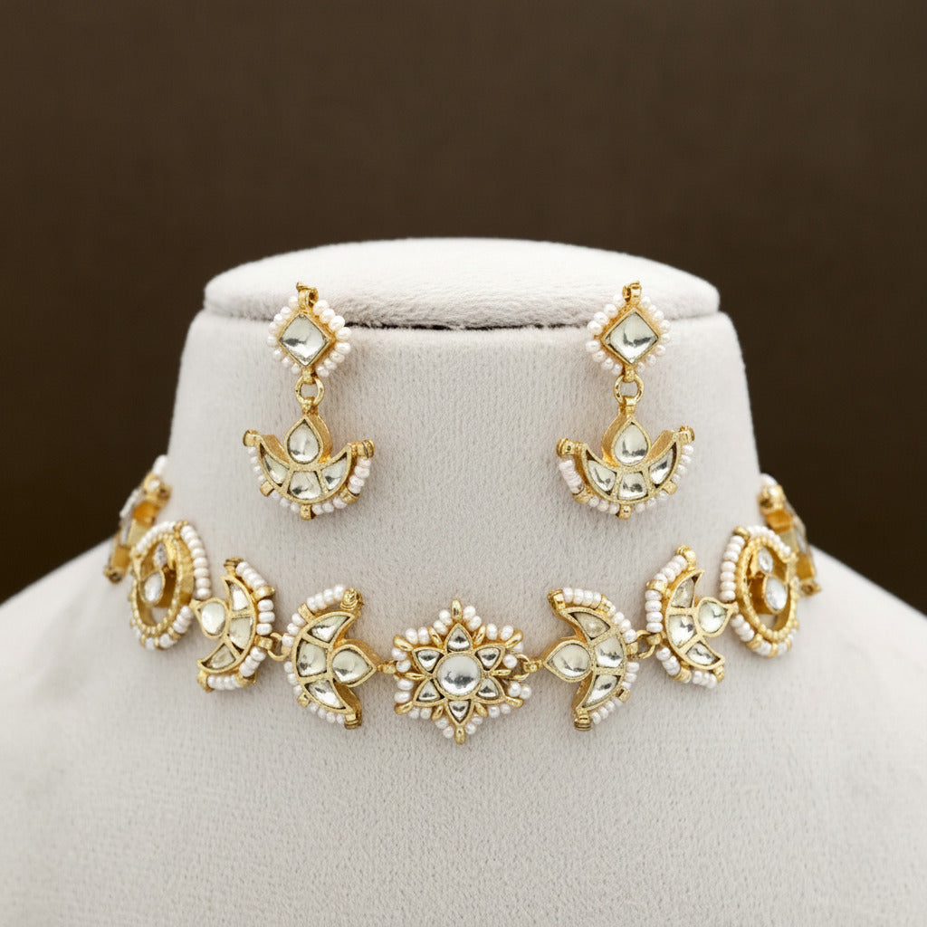 Premium Gold Tone Pachi Kundan Two In One Sheeshpool/Mathapatti Choker Set - Bird Star Moon