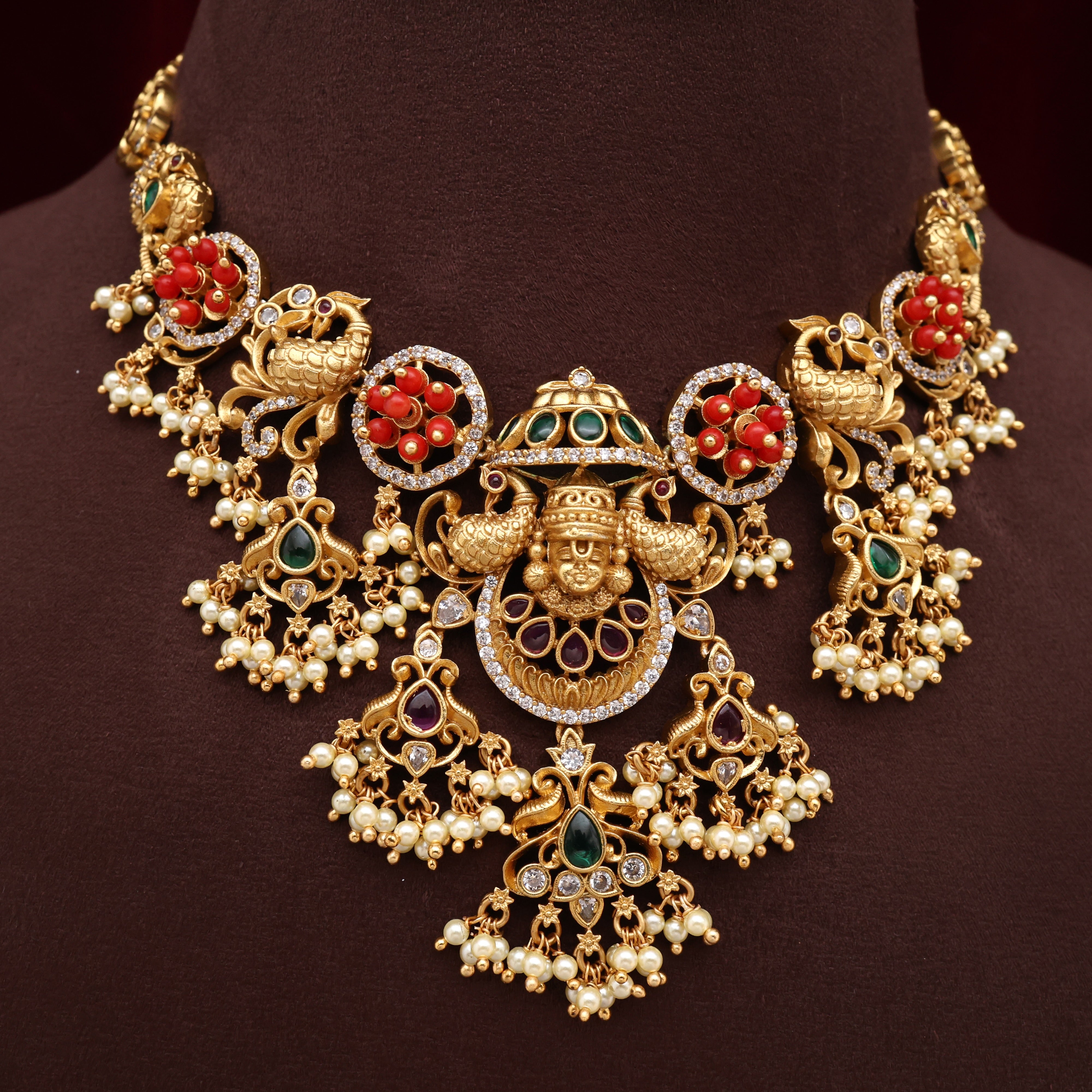 Antique Gold Premium Coral Kemp AD Venkateshwara Bridal Guttapusalu Necklace Set