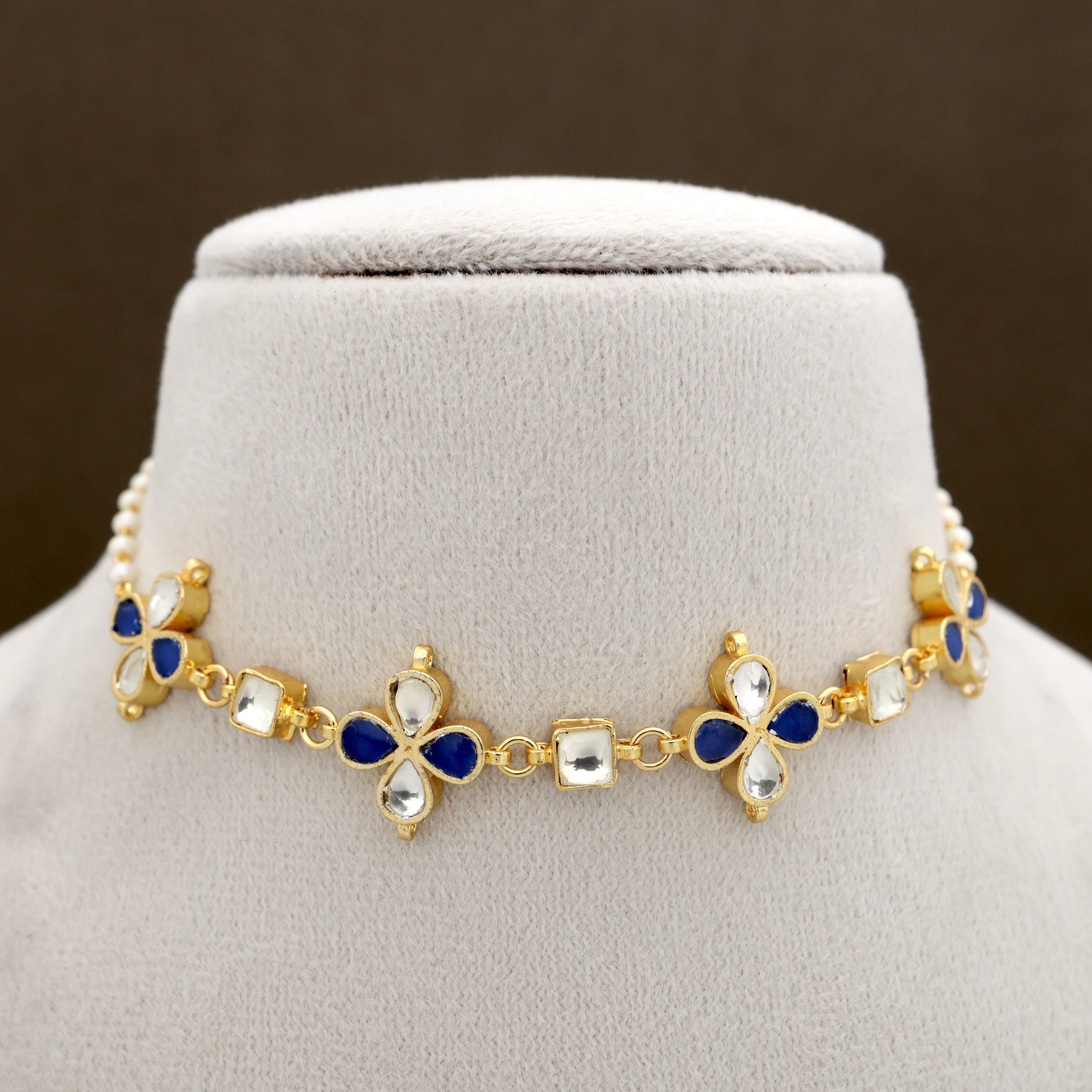 Premium Pachi Kundan Flower Square High Neck Kids Friendly Choker Necklace - White & Blue