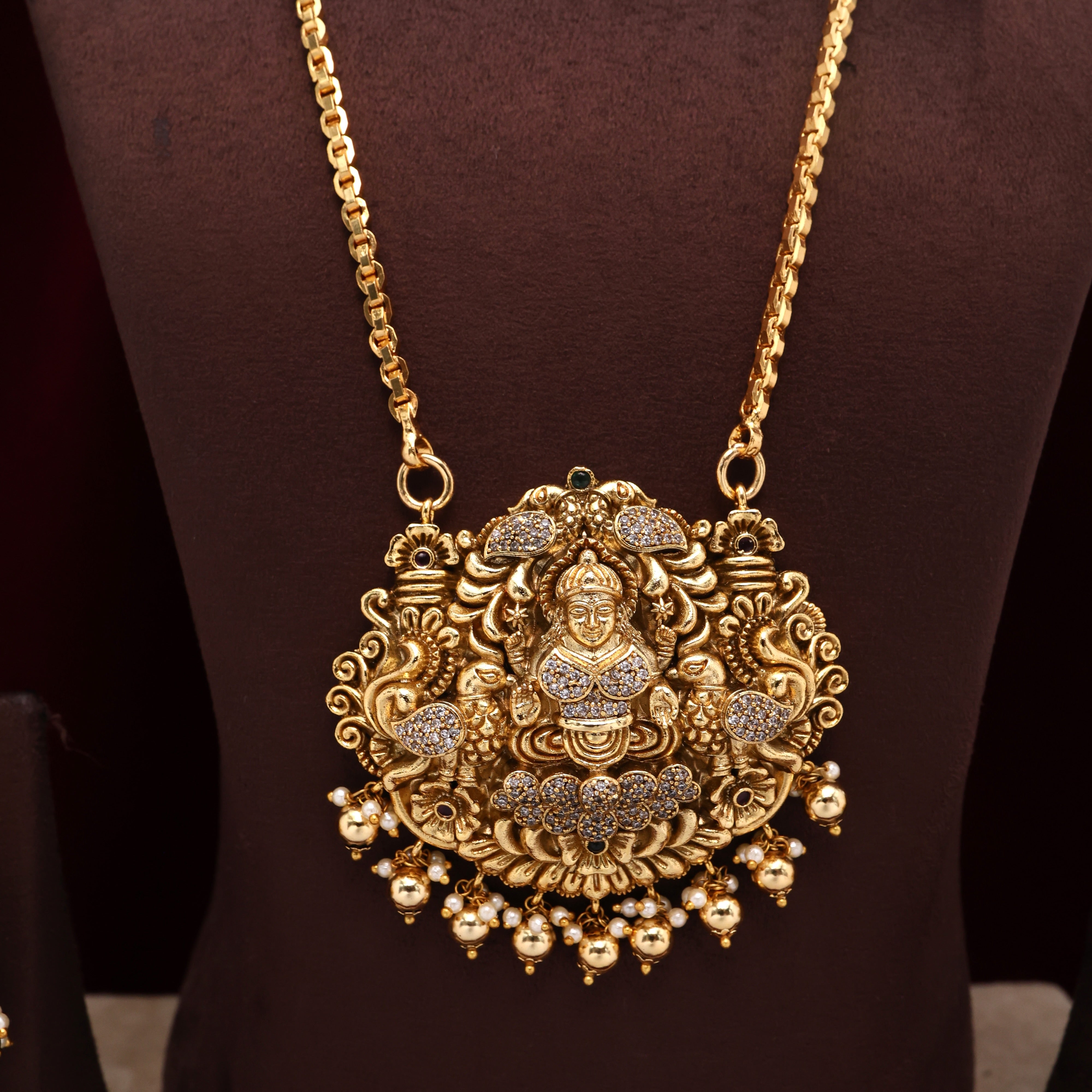 Real Gold Tone Antique Nagas Mahalskhmi Devi Pendant Chain Set