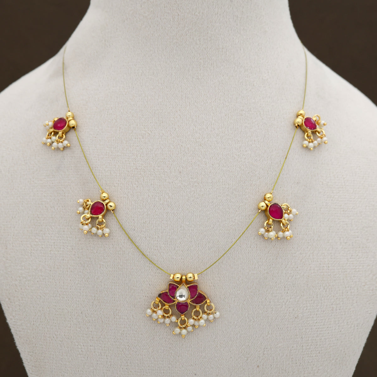 Premium Pachi Kundan Lotus Invisible Necklace - Rani
