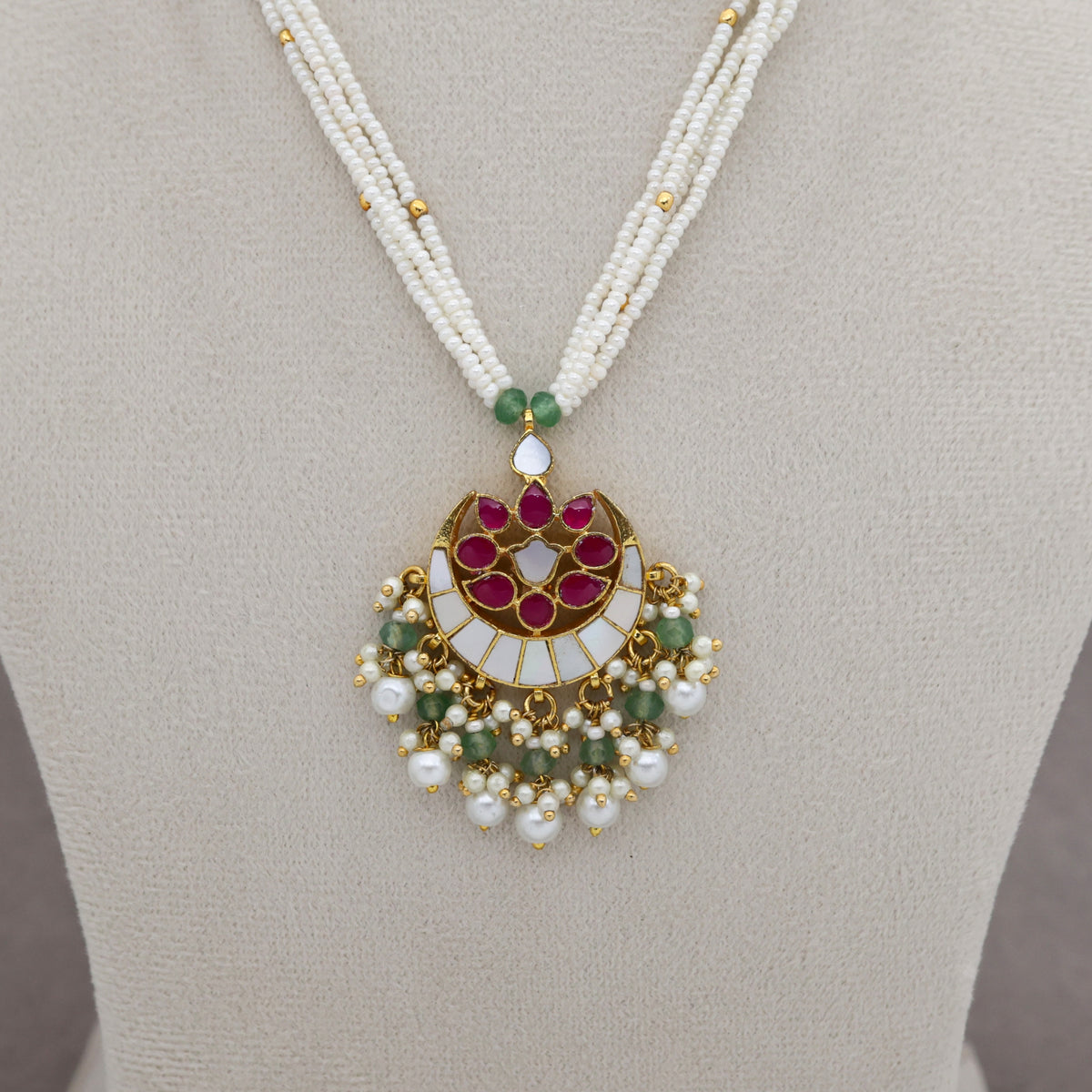 Premium Pachi Kundan Mother of Pearls Chaandini Pendant Pearl Mala Set